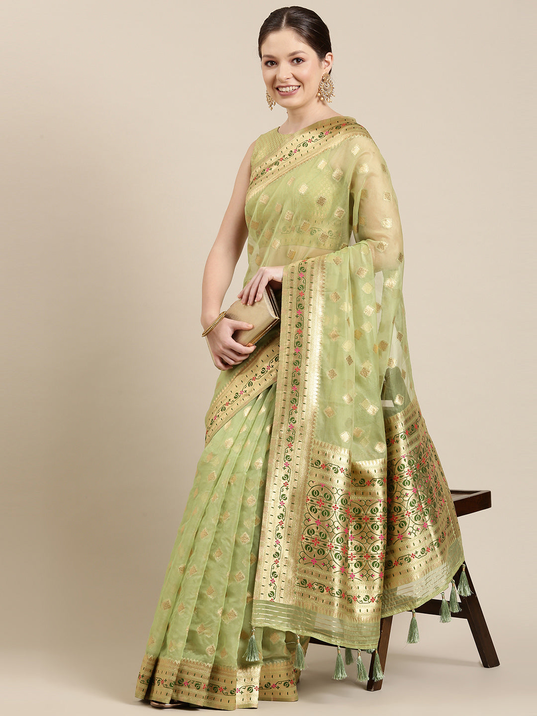 Women's Lime Green & Golden Organza Paisley Zari Woven Banarasi Saree - Royal Dwells