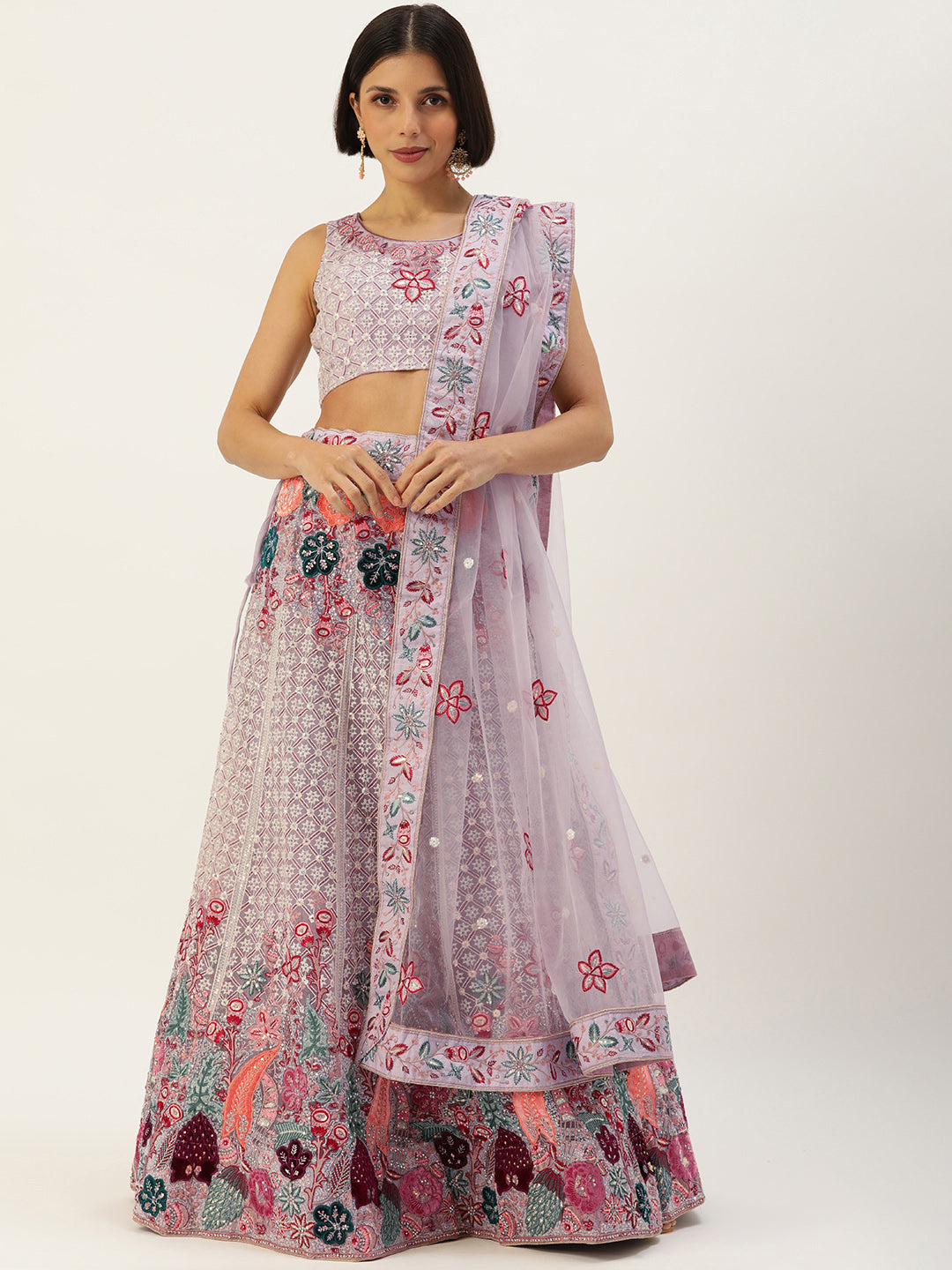 Women's Mauve Net Lakhnavi Multi Colour Thread, Embroidered Lehenga & Blouse, Dupatta - Royal Dwells