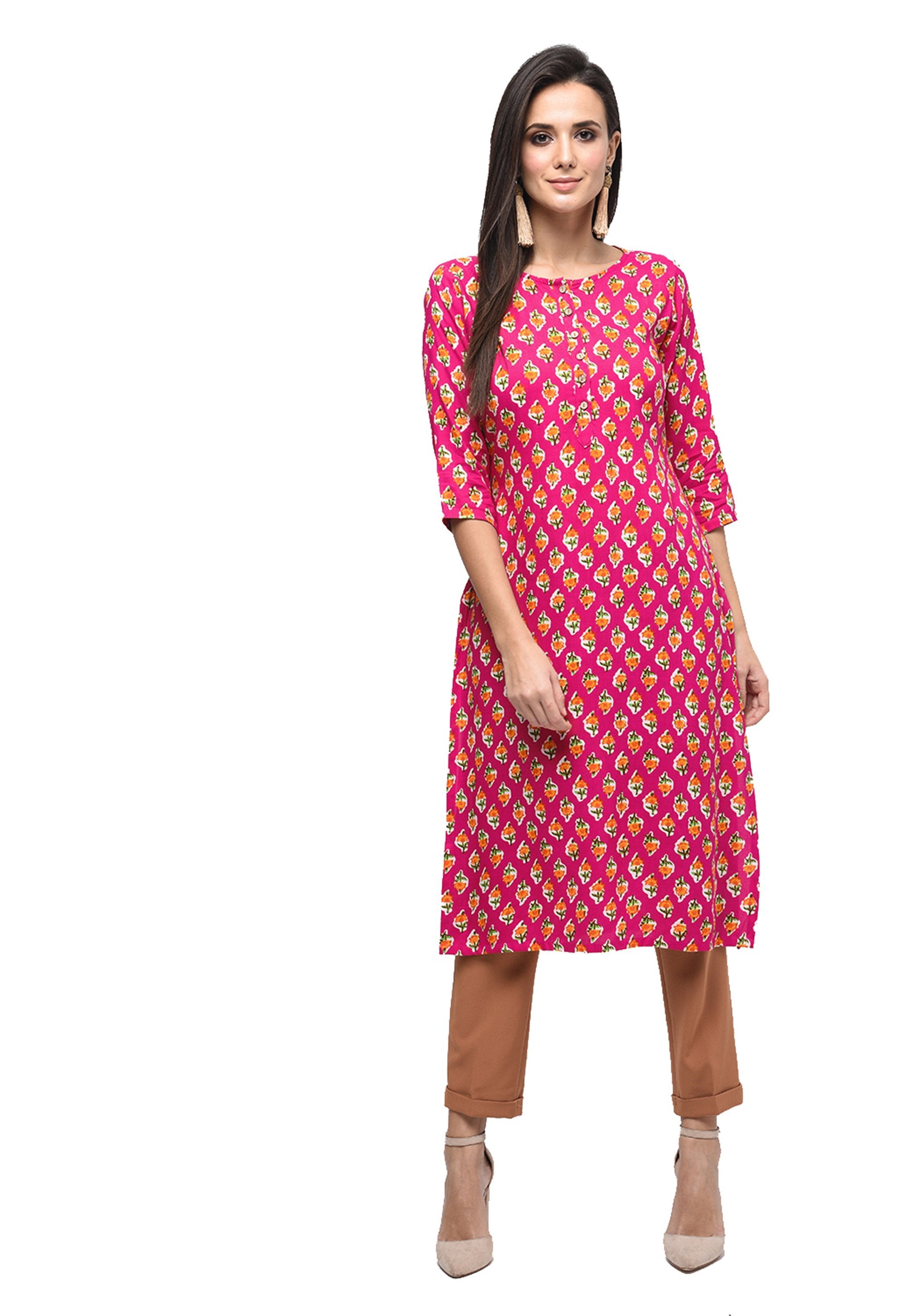 Women's Pink Rayon Printed Regular Sleeves Round Neck Casual Kurta Only - Myshka