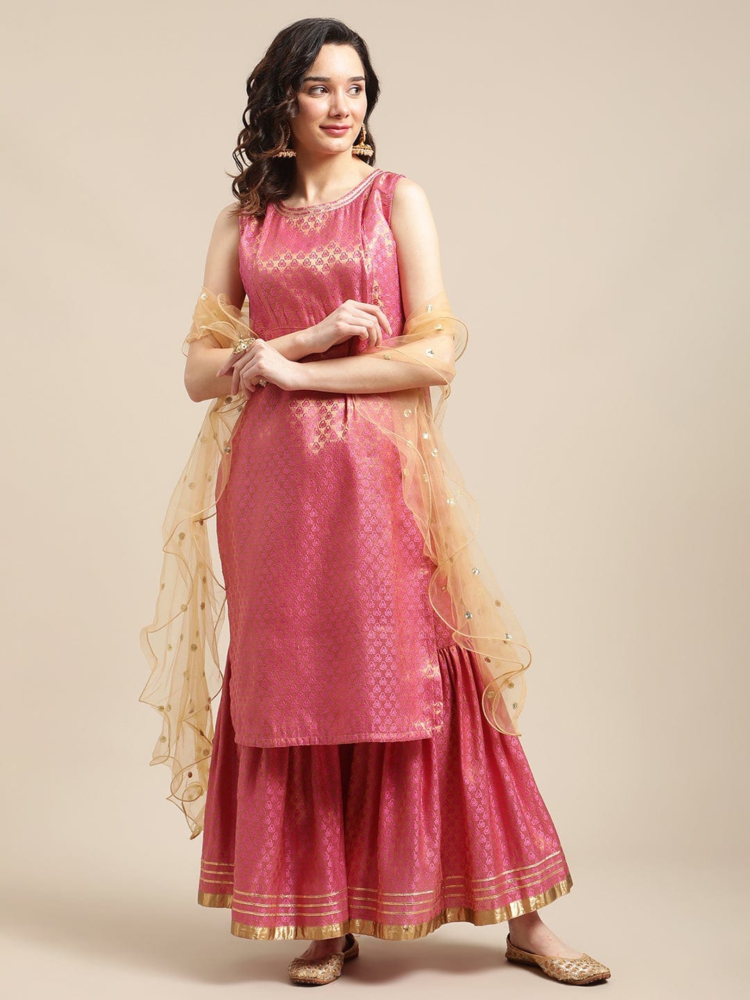 Women's Pink And Gold Brocade Sleeveless Kurta Sharara Set With Sequins Ruffle Dupatta - Varanga