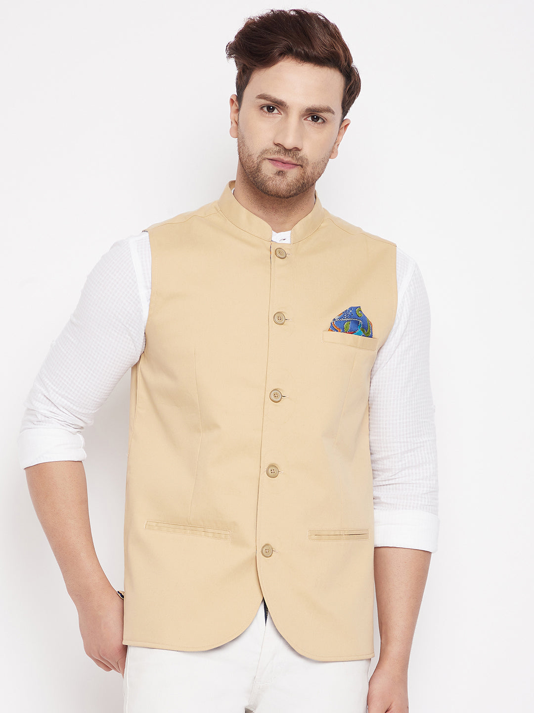 Men's Beige Color Nehru Jacket-Contrast Lining-Inbuilt Pocket Square - Even Apparels