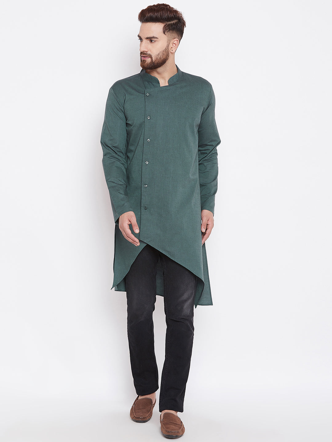 Men's Green Asymmetrical Solid Kurta