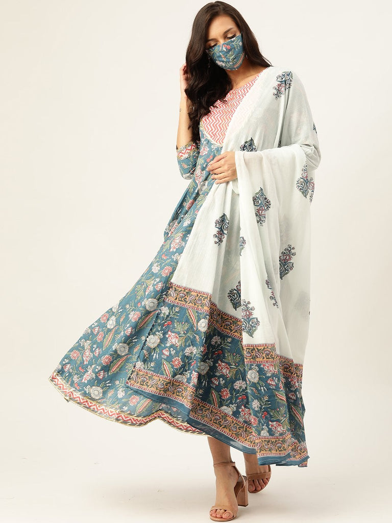 Women's Blue Cotton Gotta Work Anarkali With Dupatta