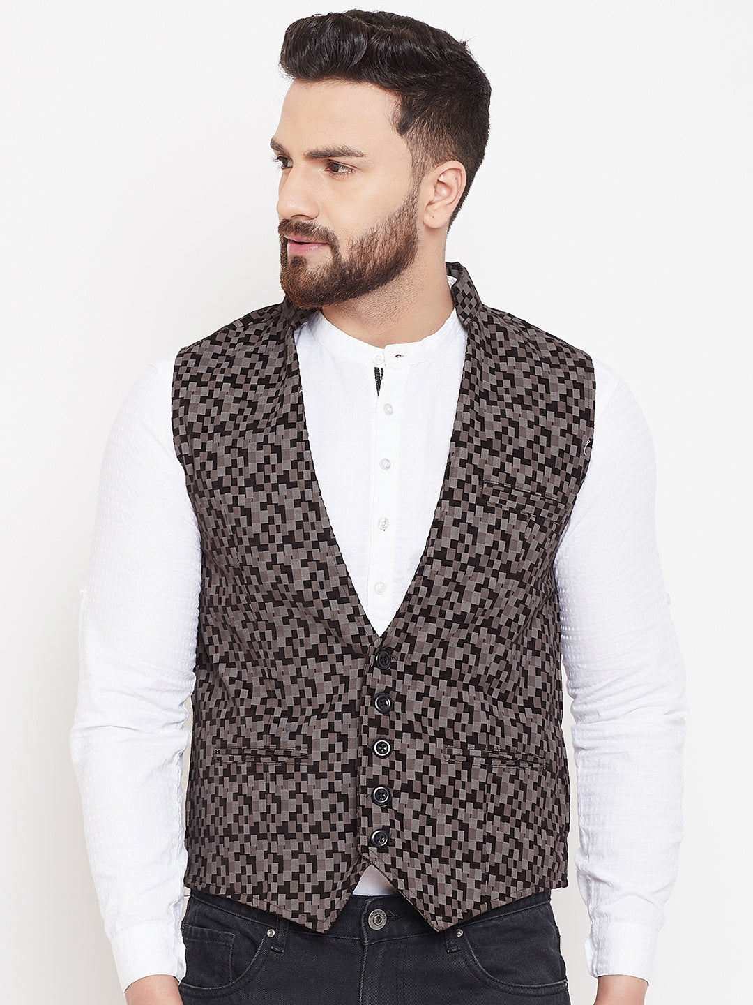 Men's Printed Brown Cotton Waistcoat