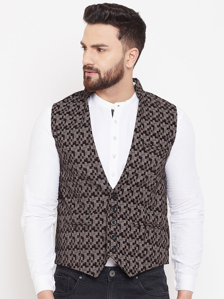Men's Printed Brown Cotton Waistcoat