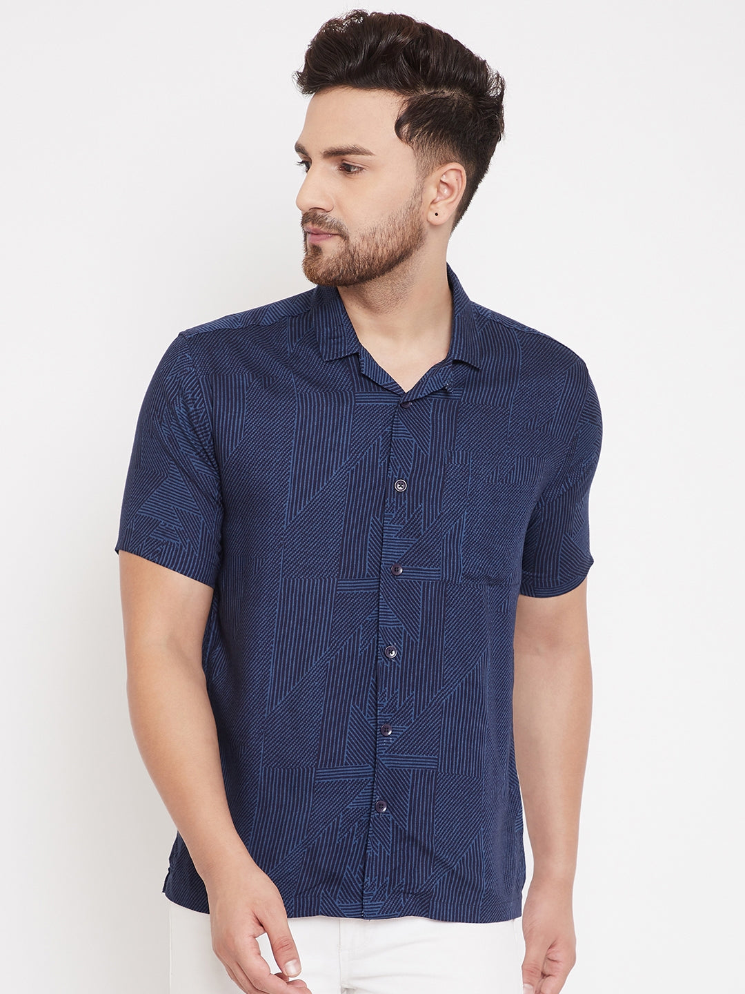 Men's Striped Navy Blue Cuban Collar Shirt
