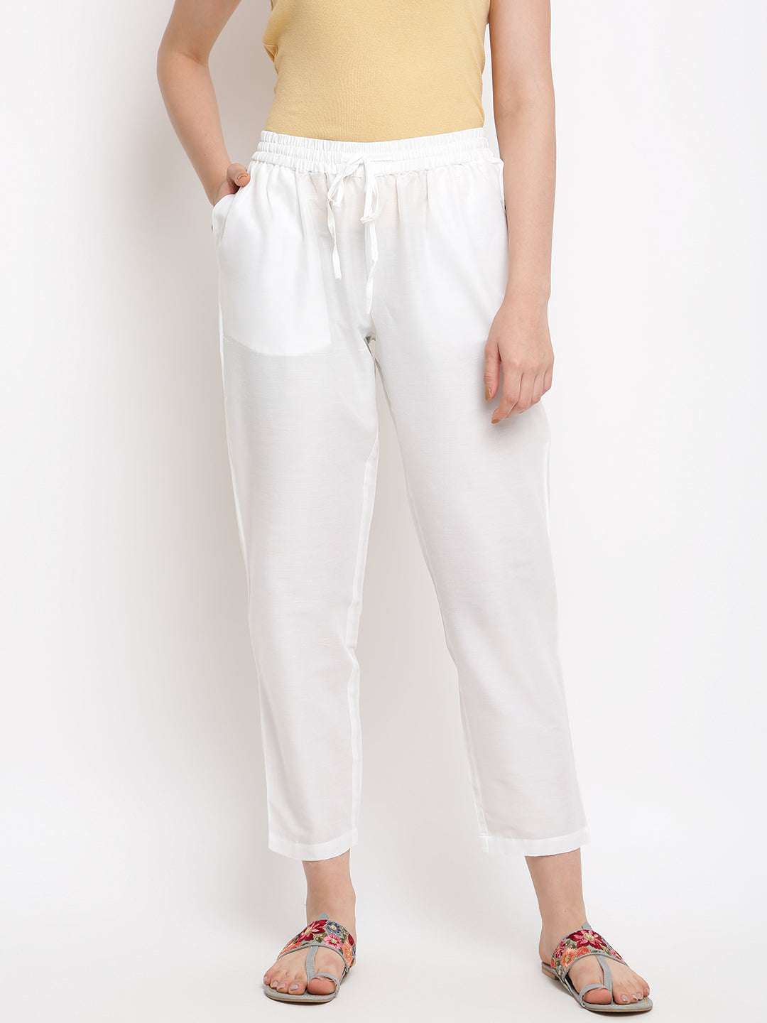 Women's Off-White Solid Straight Pants - IMARA
