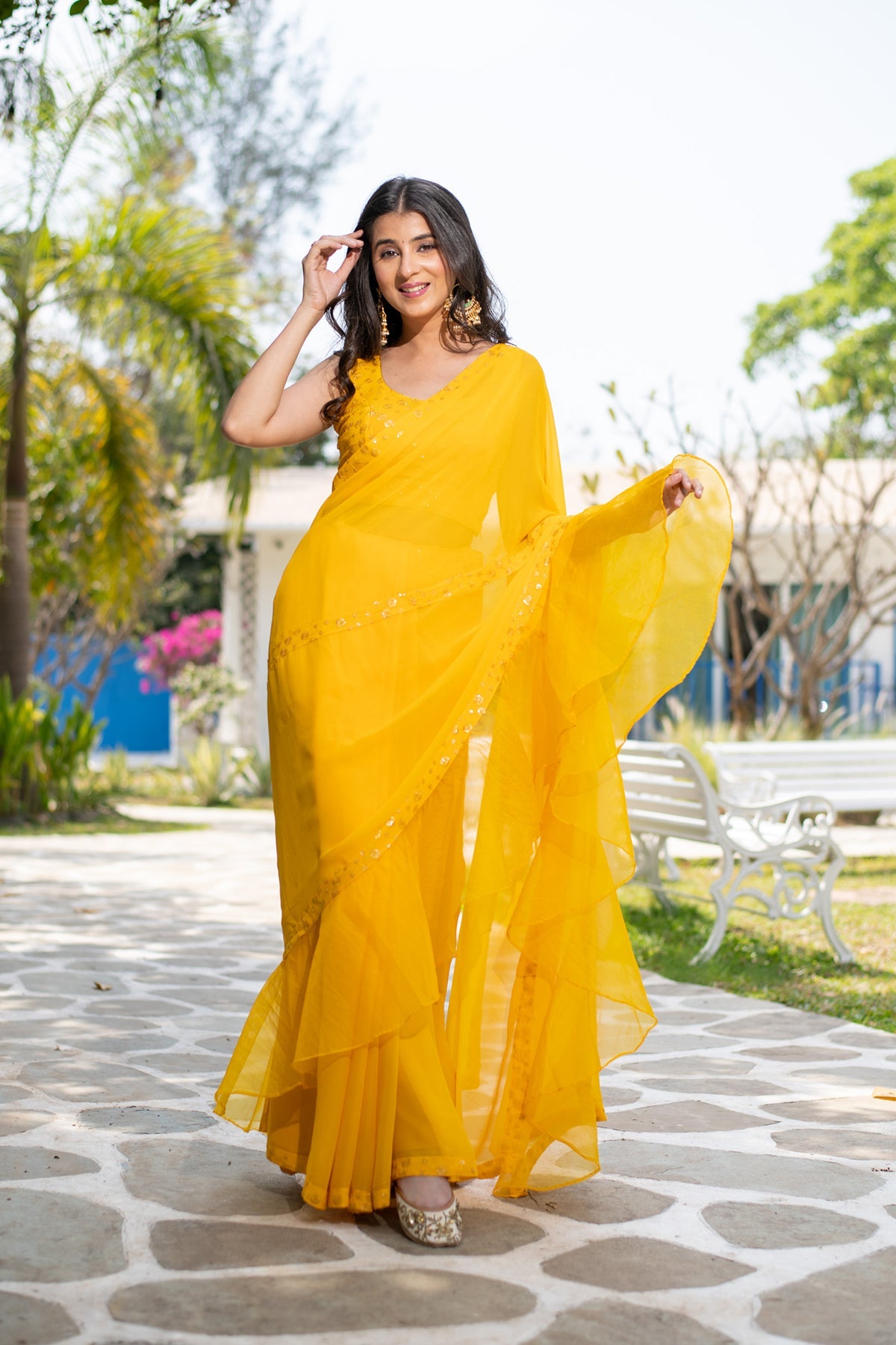Women's Yellow Ruffle Saree
