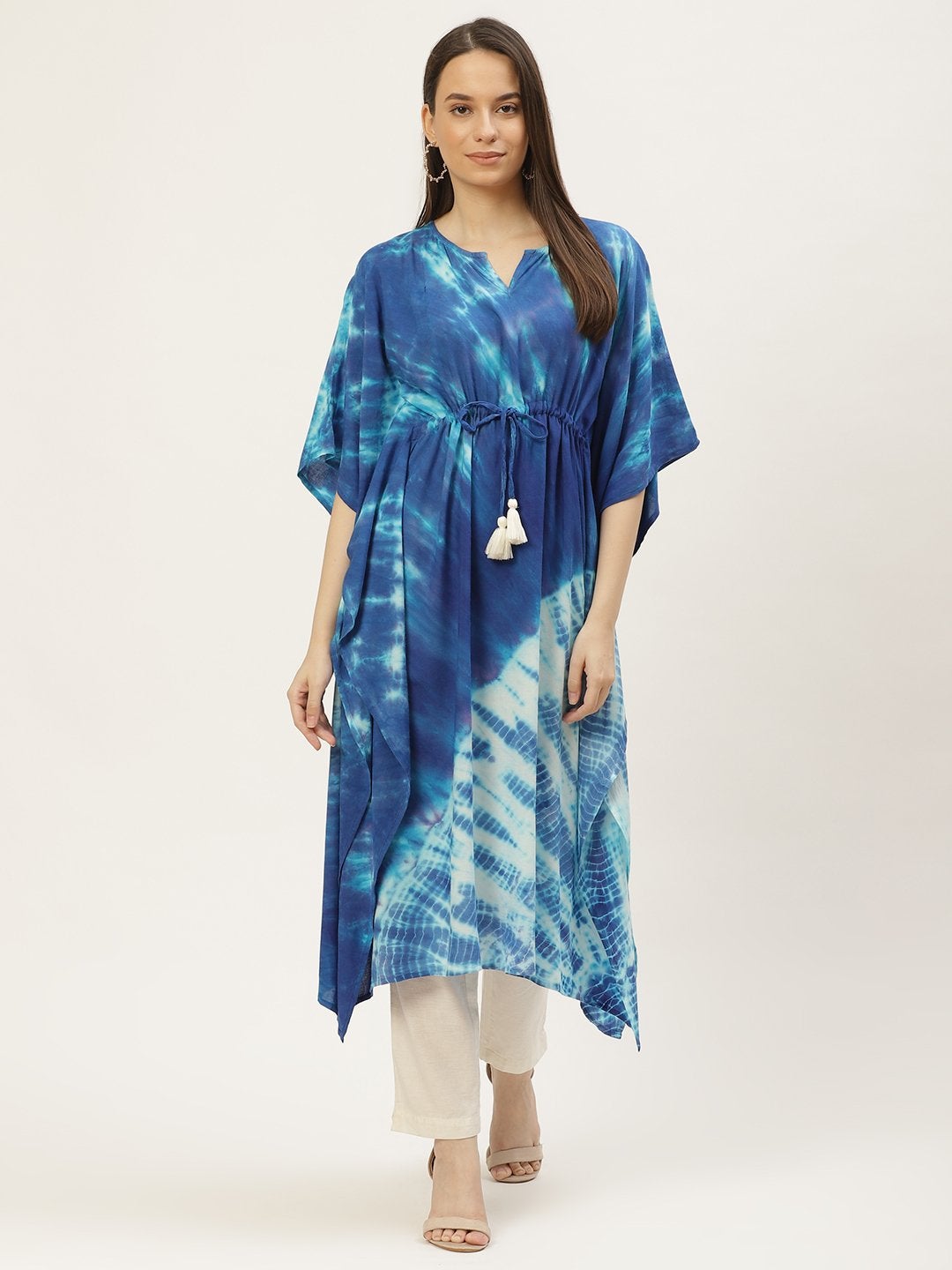 Women's Blue Dyed Extended Sleeves Kaftan Kurta (1pc) - Maaesa