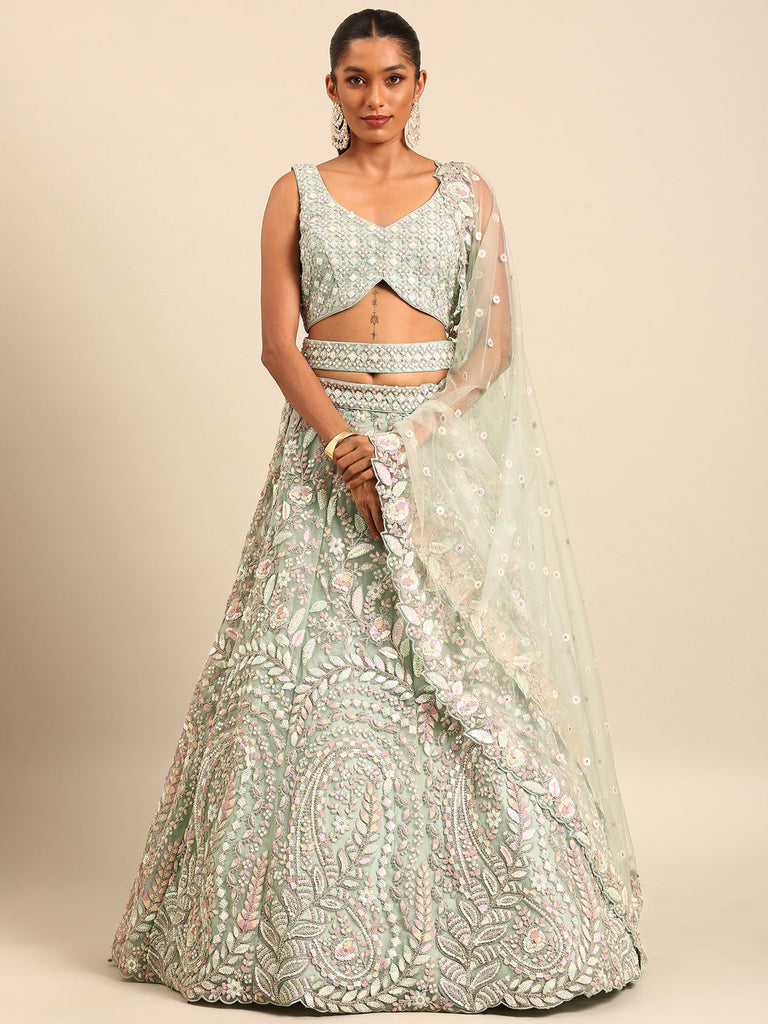 Women 's Sea green Net Multi Sequins with heavy Zarkan embroidery Ready to Wear Lehenga choli & Dupatta