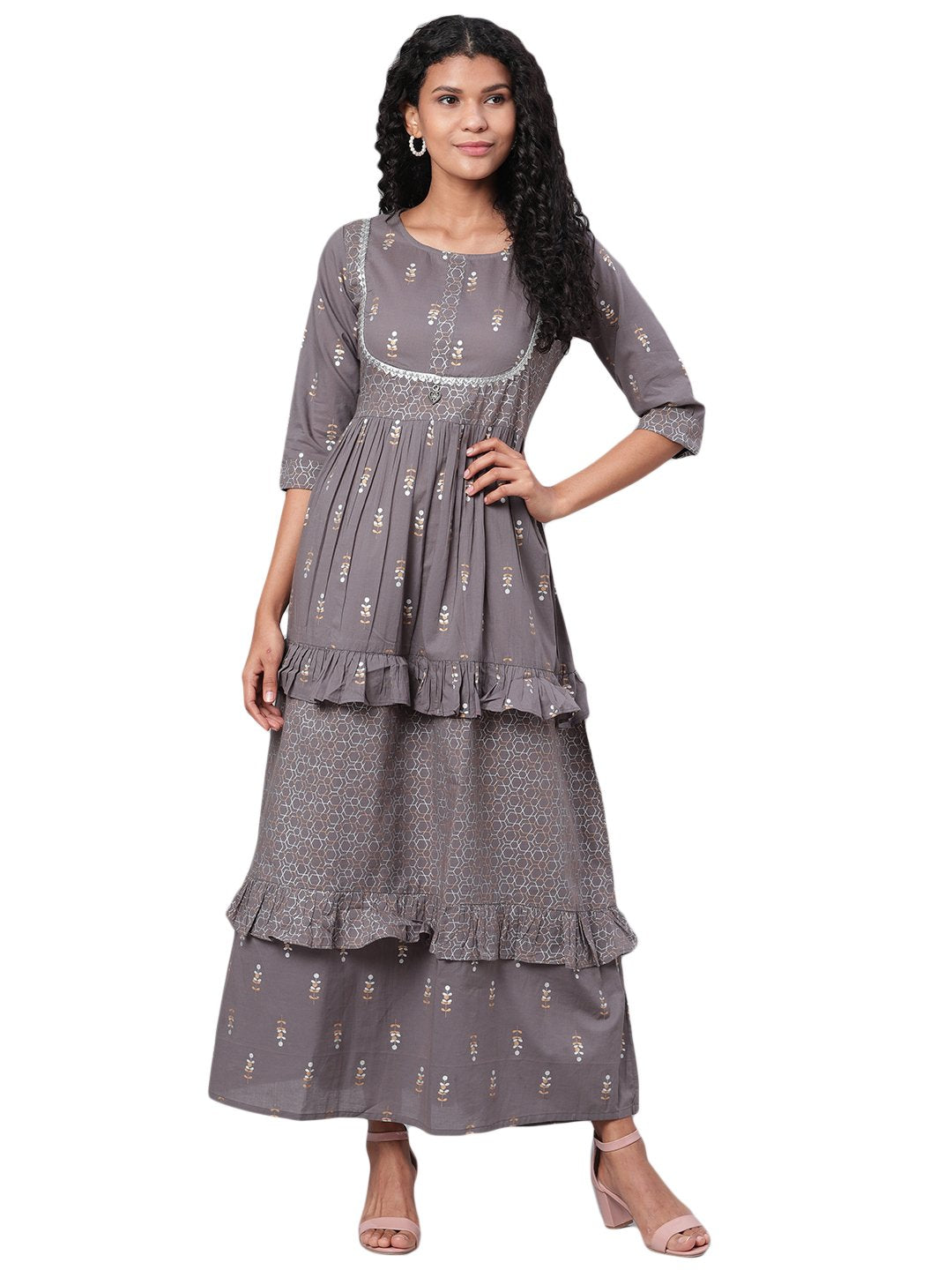 Women's Grey Printed 3/4 Sleeve Cotton Round Neck Dress - Myshka