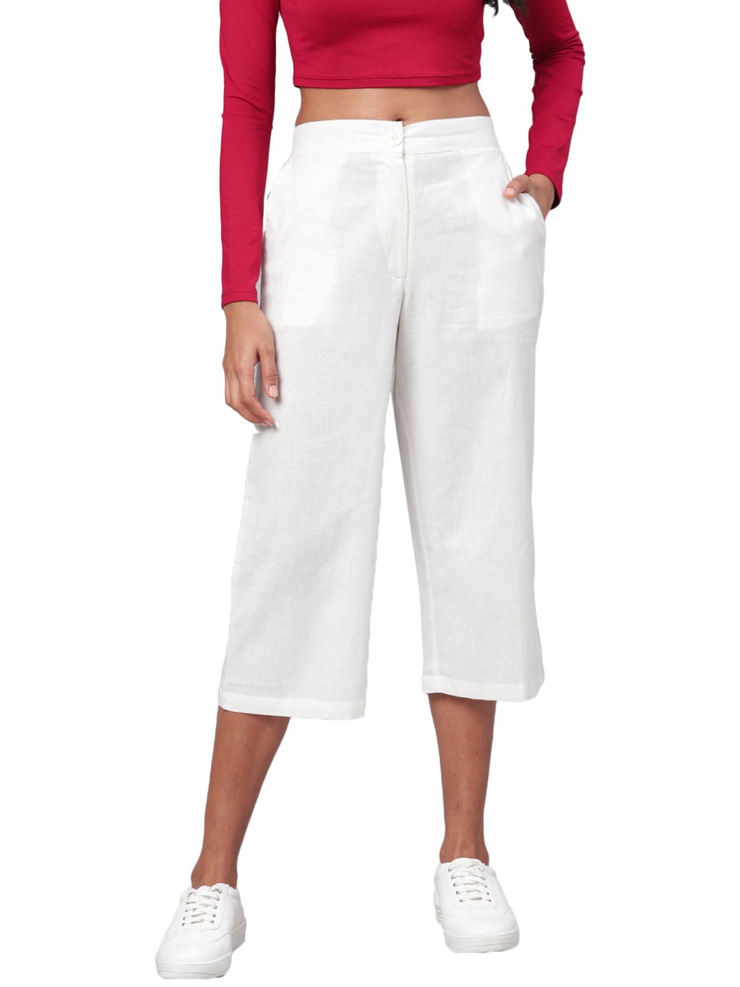 Women White Solid Cotton Trouser by Myshka (1Pc Set)