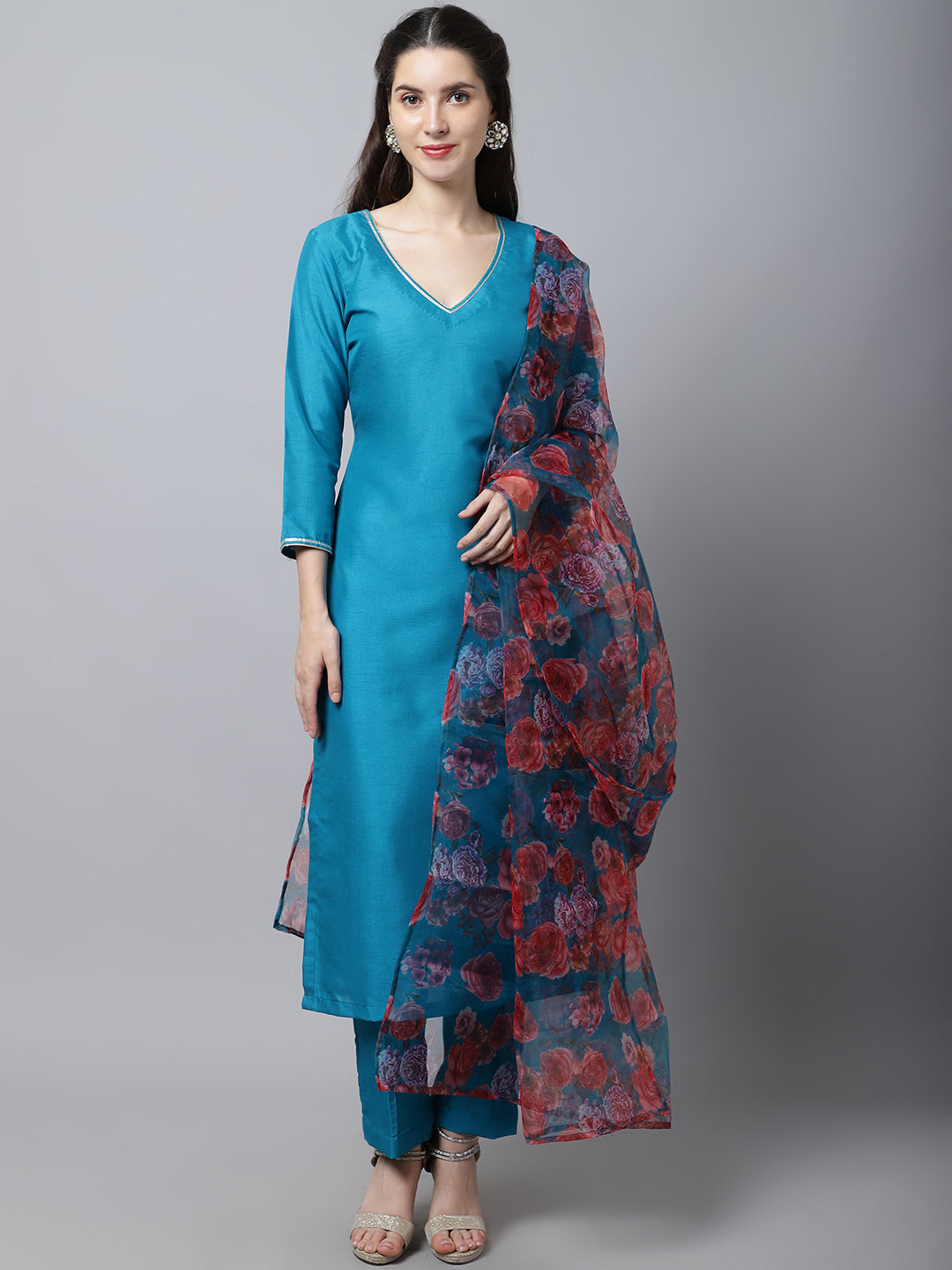 Women's Celeste Blue Silk Kurti With Pants And Printed Dupatta - Anokherang