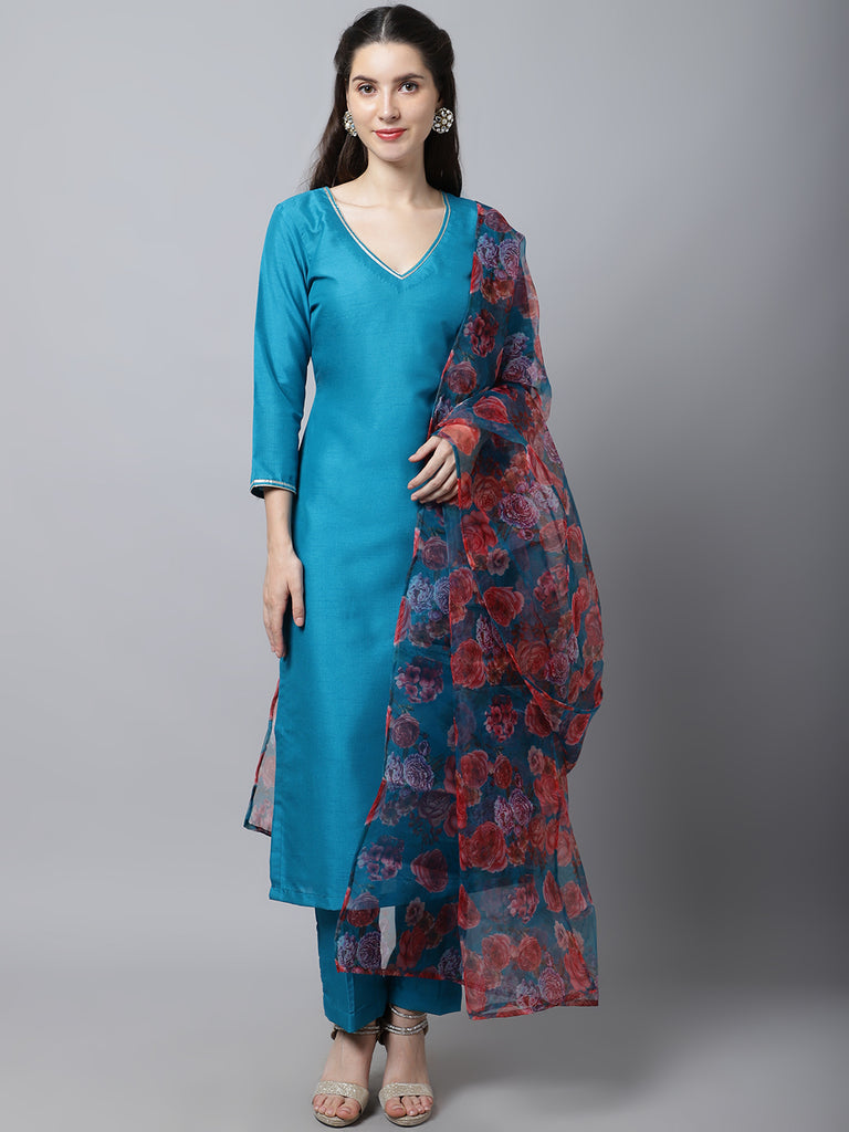 Women's Celeste Blue Silk Kurti With Pants And Printed Dupatta