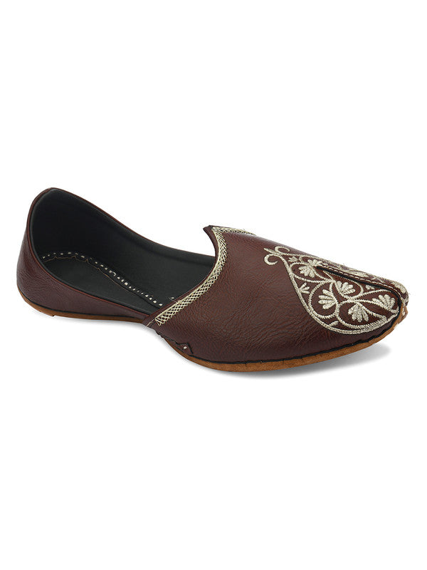 Men's Indian Ethnic Handrafted Embroidered Brown Premium Leather Footwear - Desi Colour