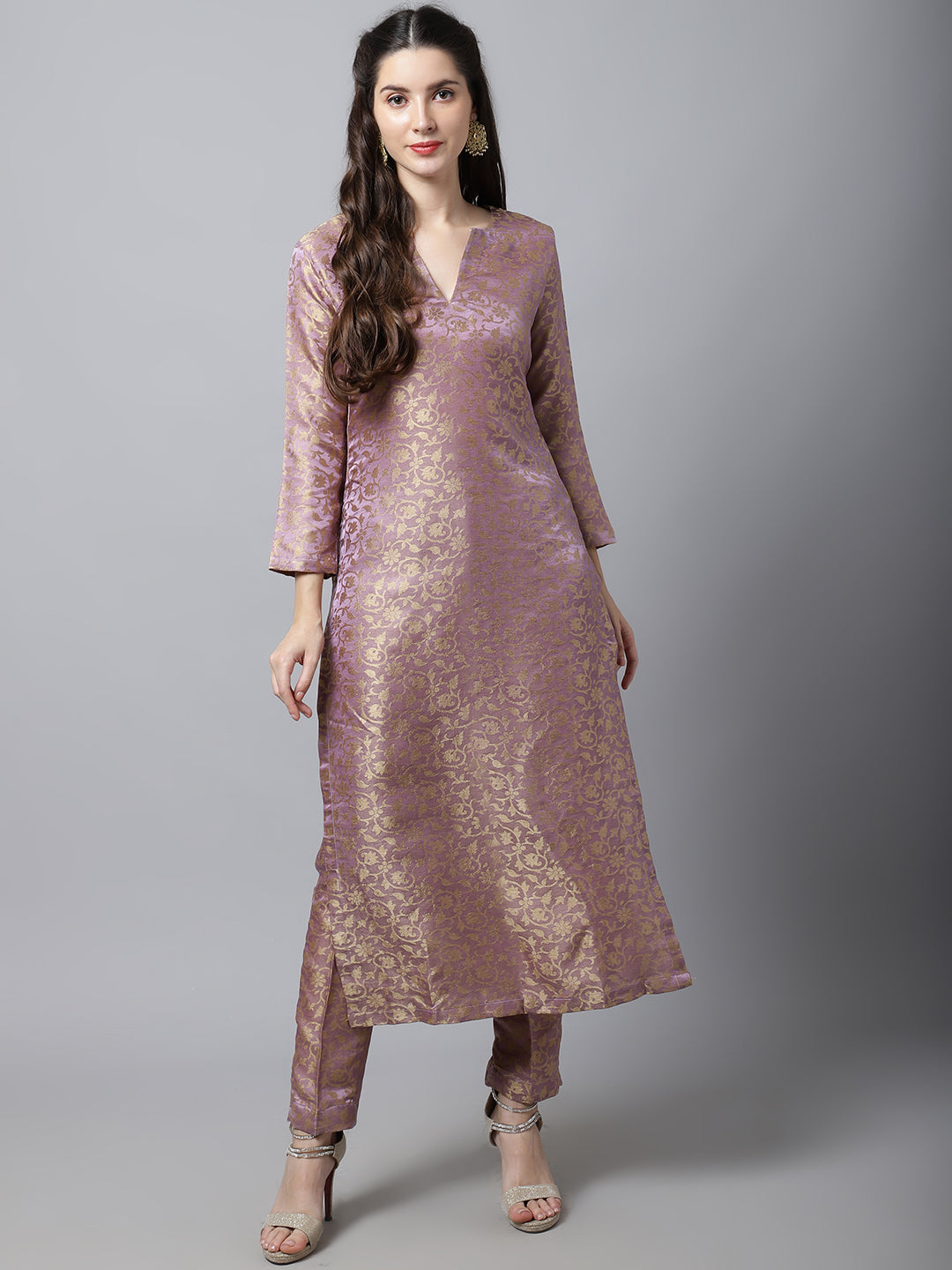 Buy Burgundy Purple Banarasi Brocade Short Kurta And Cigarette Pants Set  With Woven Floral Design KALKI Fashion India
