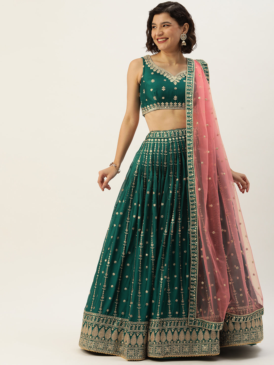 Women's Green Pure Georgette Sequince Embroidered Lehenga & Blouse, Dupatta - Royal Dwells
