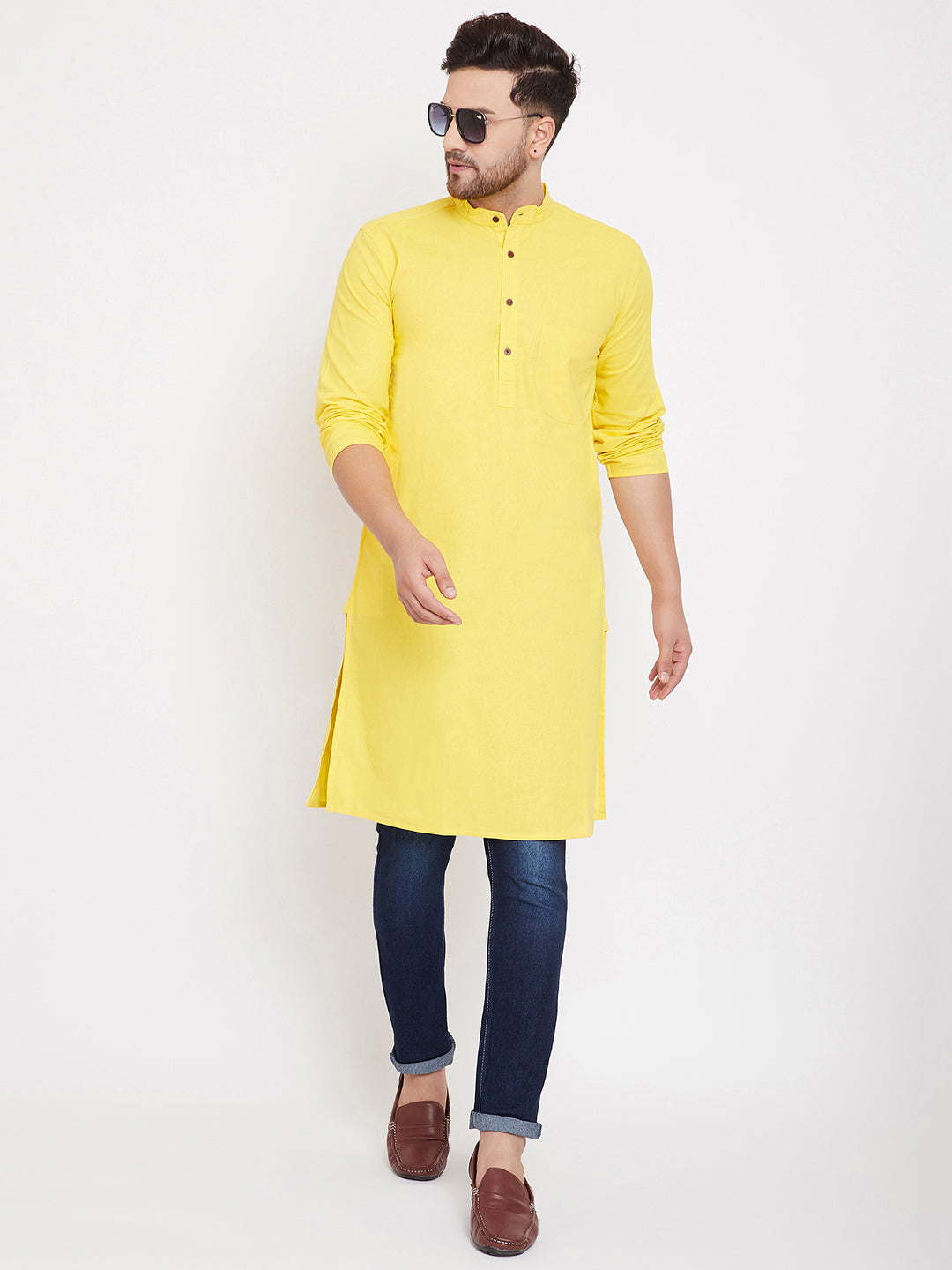 Men's Cotton Solid Yellow Kurta