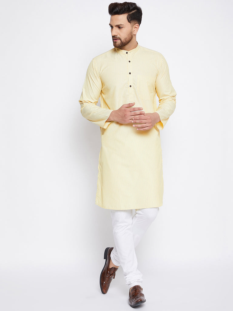 Men's Cotton Striped Yellow Kurta