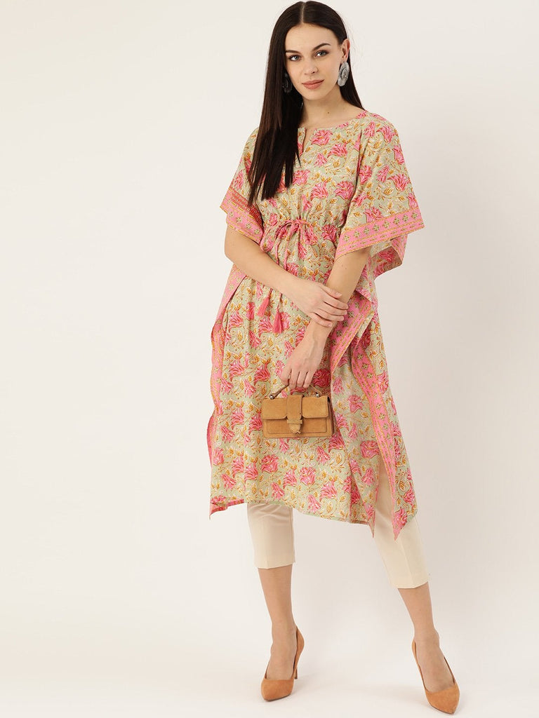 Women's Cotton Green & Pink Kaftan Kurta