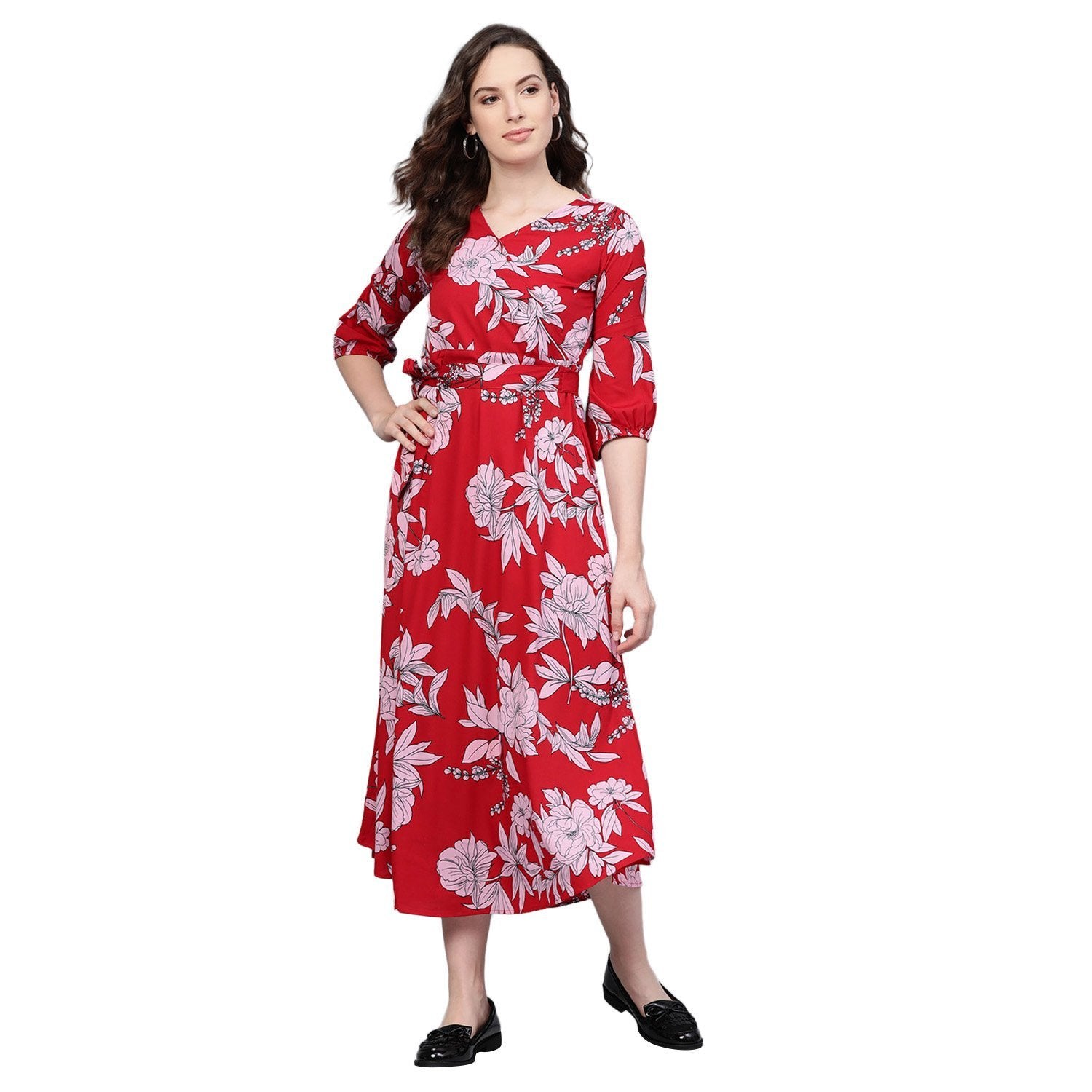 Women's Red Polyester Printed Half Sleeve V Neck Casual Dress - Myshka