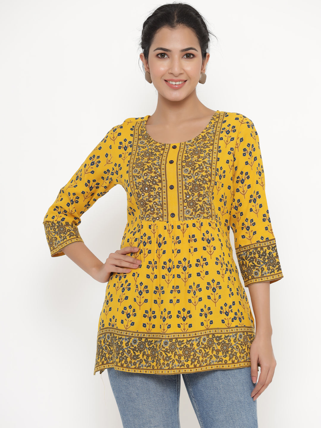Women's Self Desgin Rayon Fabric Short Kurta Mustard Color - Kipek