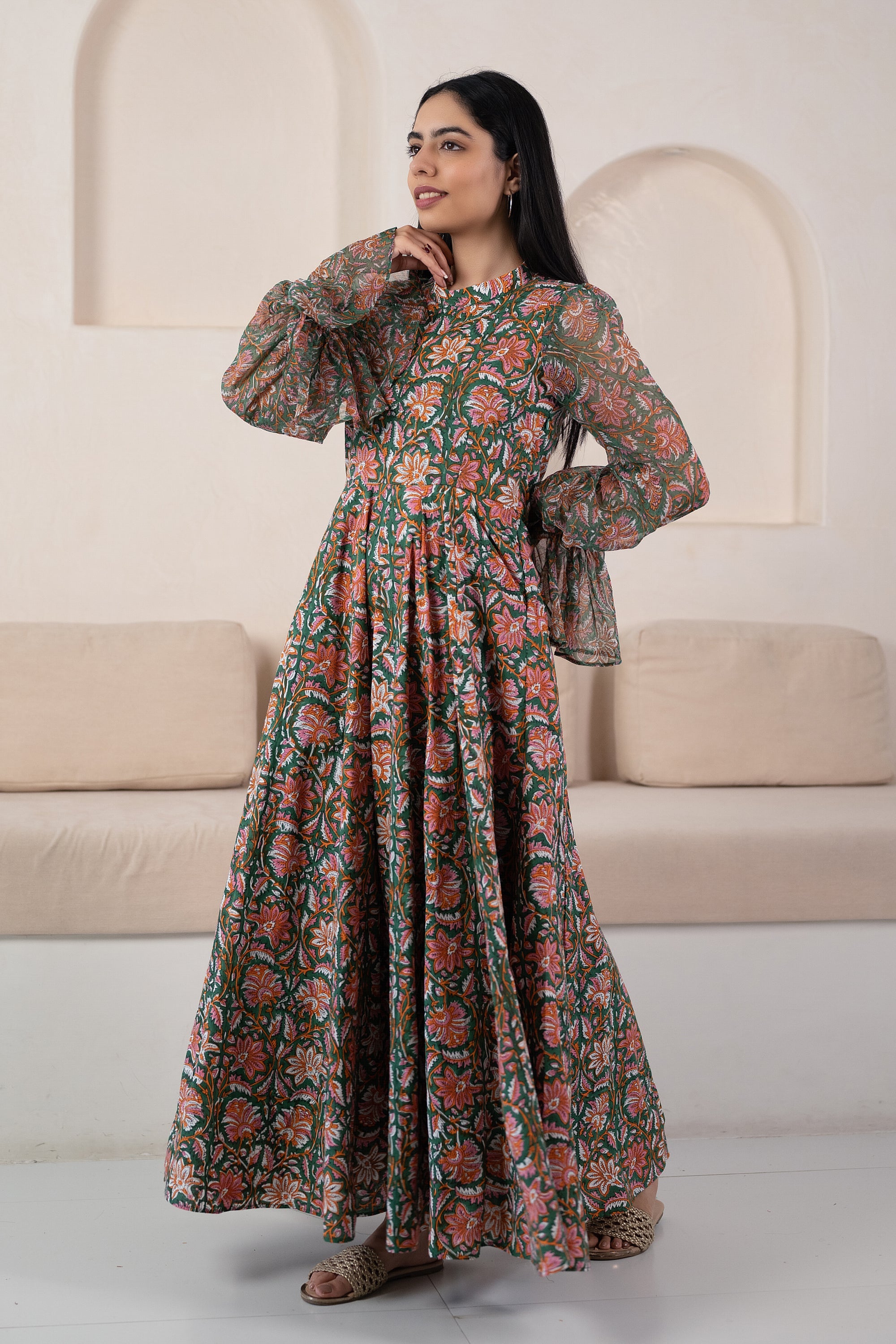 Green Floral Printed Gown For Women By Saras The Label- (1Pc Set)