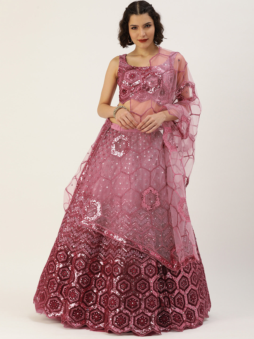Women's Burgundy Shading Net Sequince Embroidered Lehenga & Blouse With Dupatta - Royal Dwells