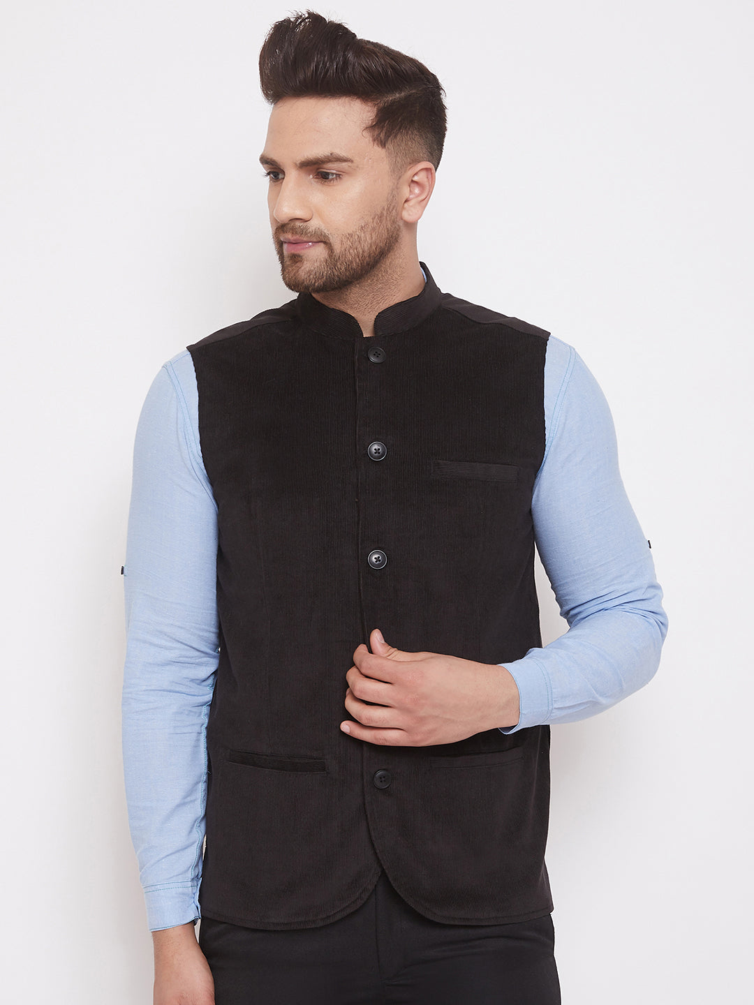 Men's Black Corduroy Solid Nehru Jacket