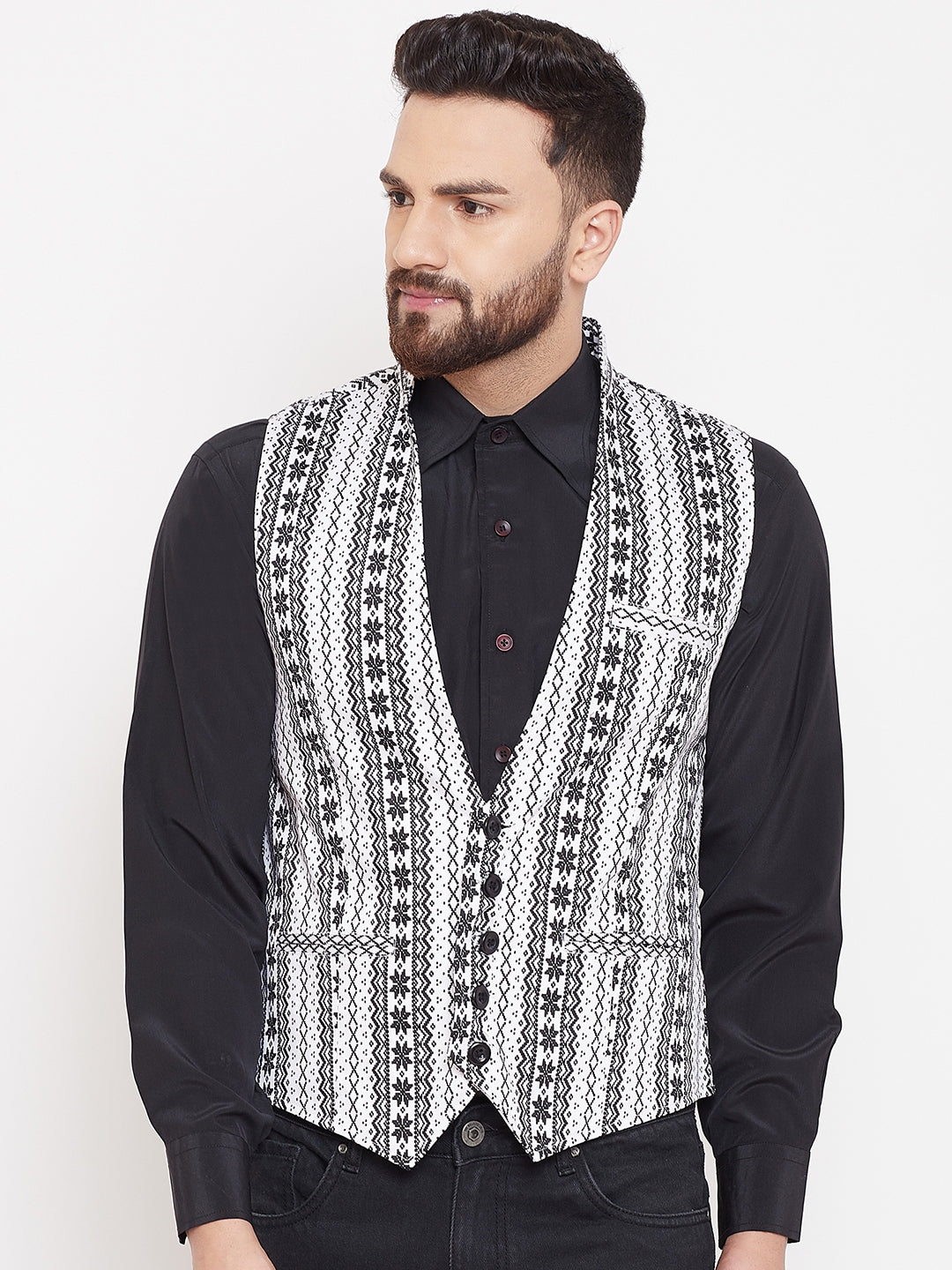 Men's Ethnic Print Monochrome Waistcoat