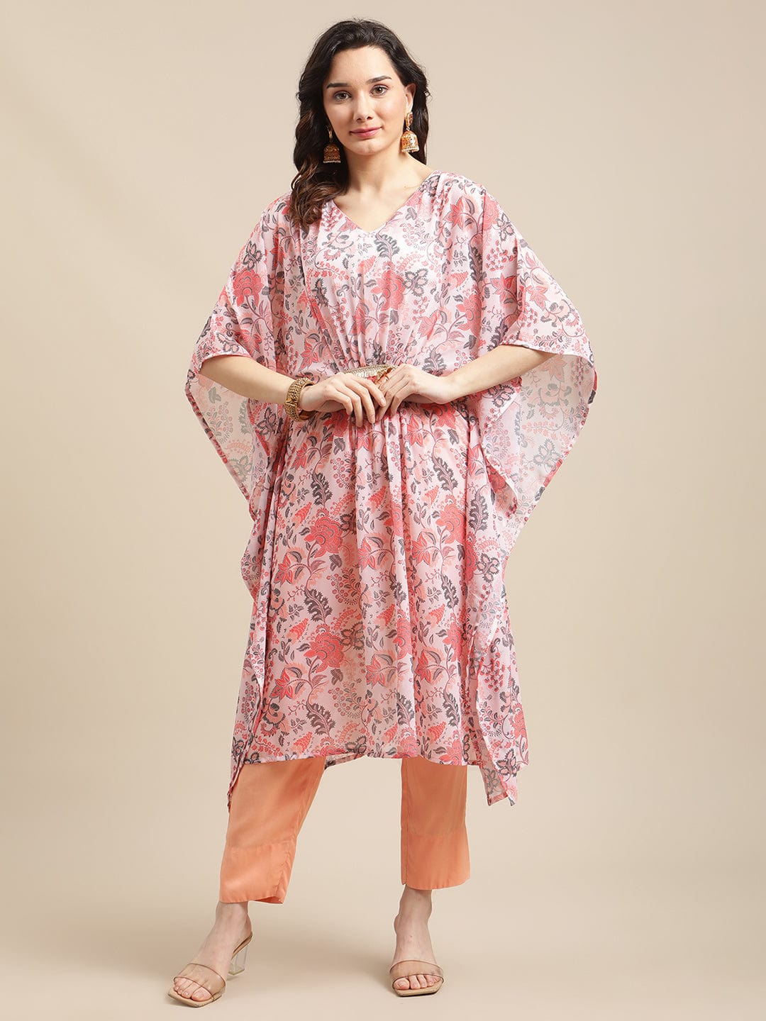 Women's Peach Floral Printed Kaftan Trouser Set - Varanga