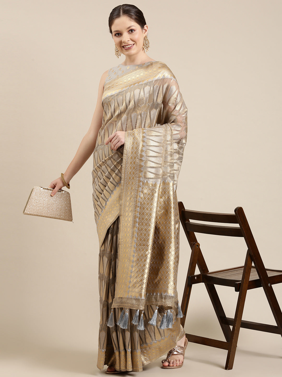 Women's Grey & Golden Organza Paisley Zari Woven Banarasi Saree - Royal Dwells