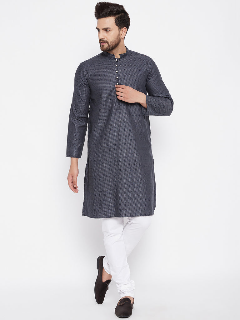 Men's Woven Design Blue Straight Kurta2