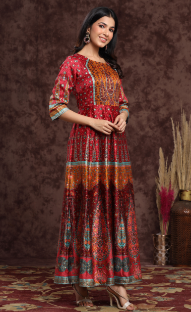 Women's Maroon Dull Satin Printed Anarkali Dress - Juniper