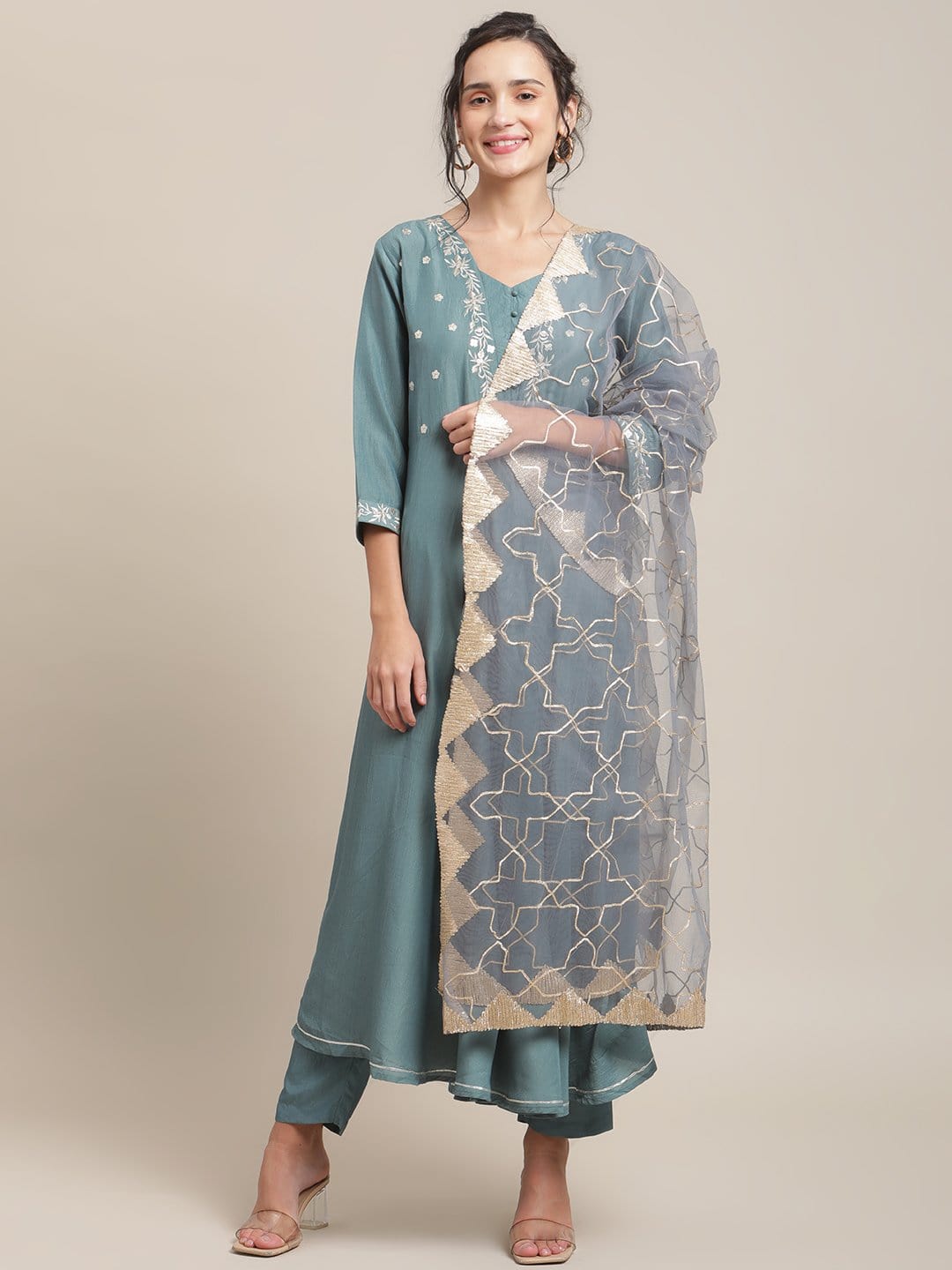 Women's Teal Color Embroidered Circulared Flared Kurta With 3/4Th Sleeves And  Paired With Trouser And Gota Embroidered Dupatta - Varanga
