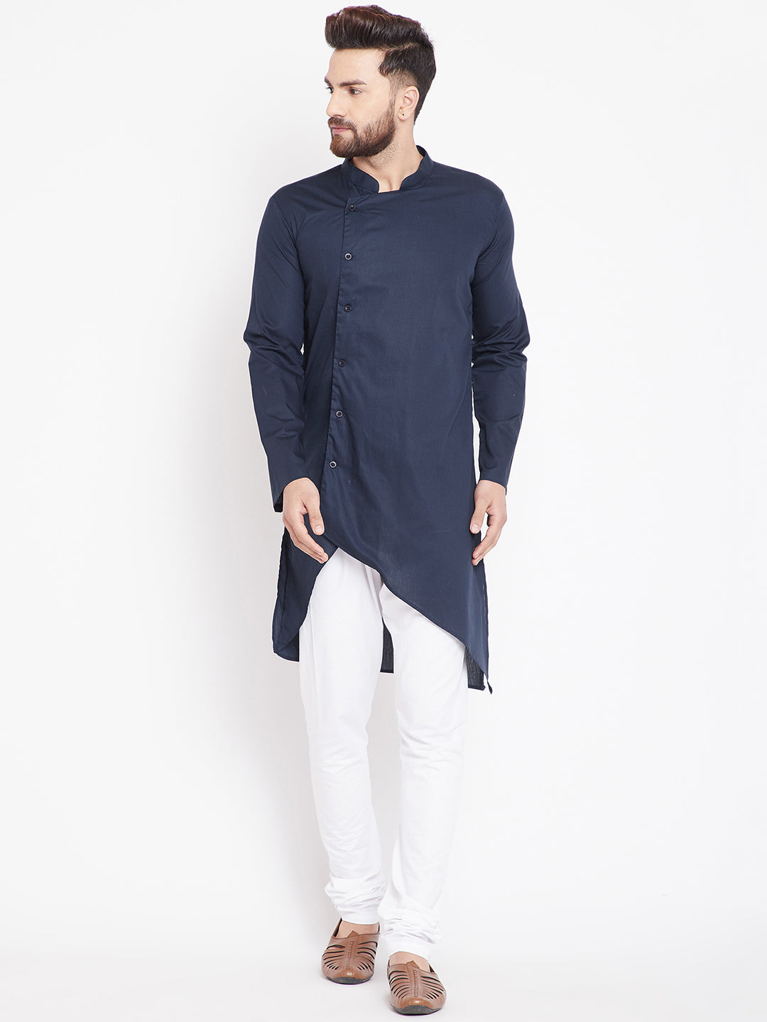 Men's Dark Grey Asymmetrical Cotton Kurta