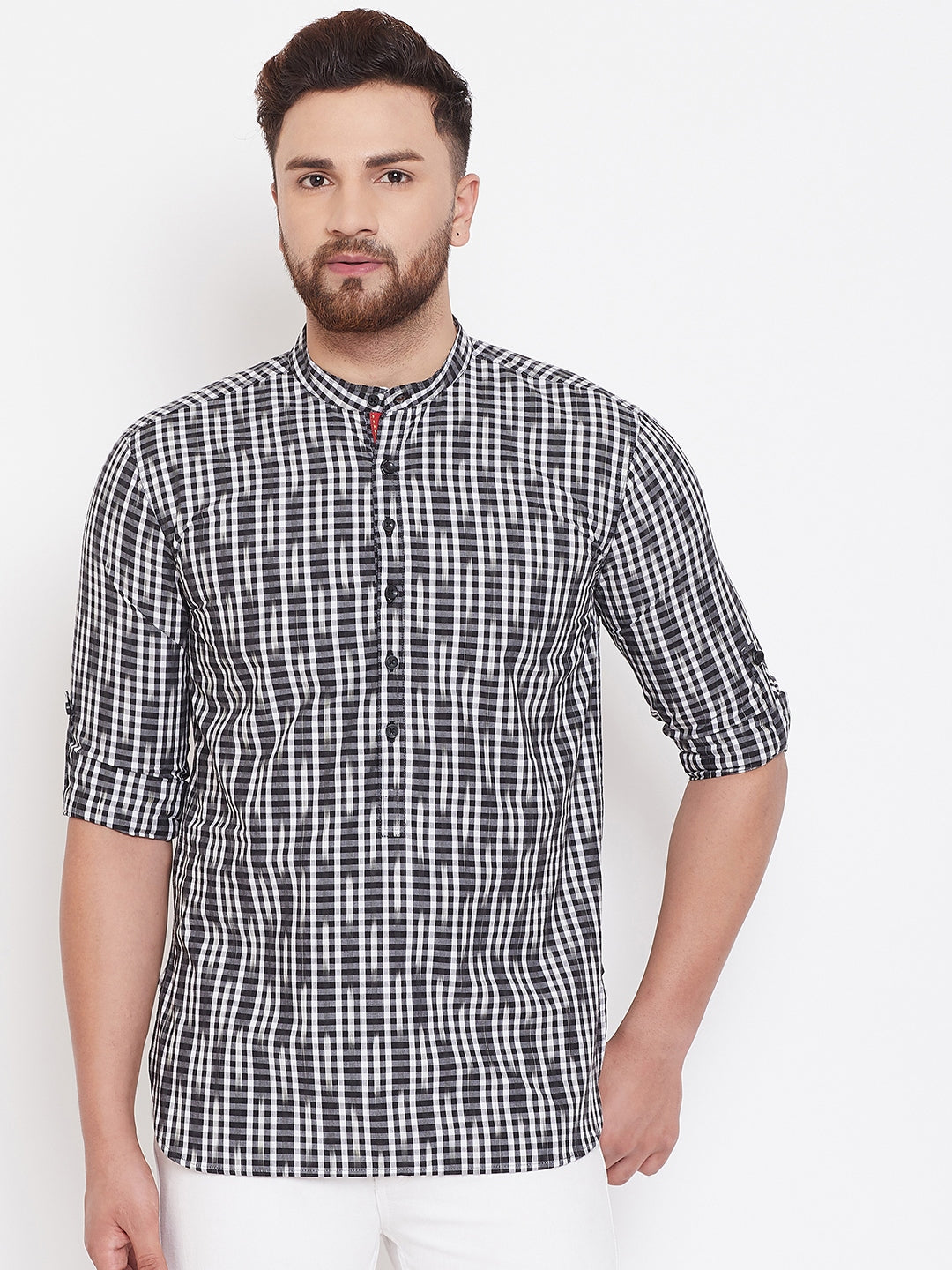 Men's Black and White Striped Nehru Kurta