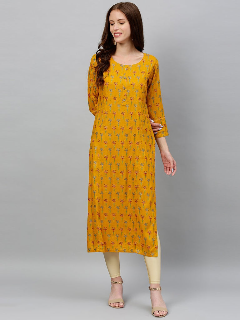 Women's Mustard Printed Kurta by Kipek (1