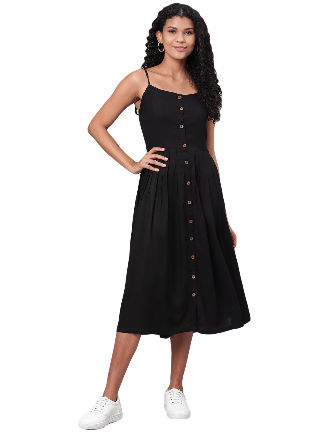 Women's Black Solid Sleeveless Cotton Streps Neck Casual Dress - Myshka