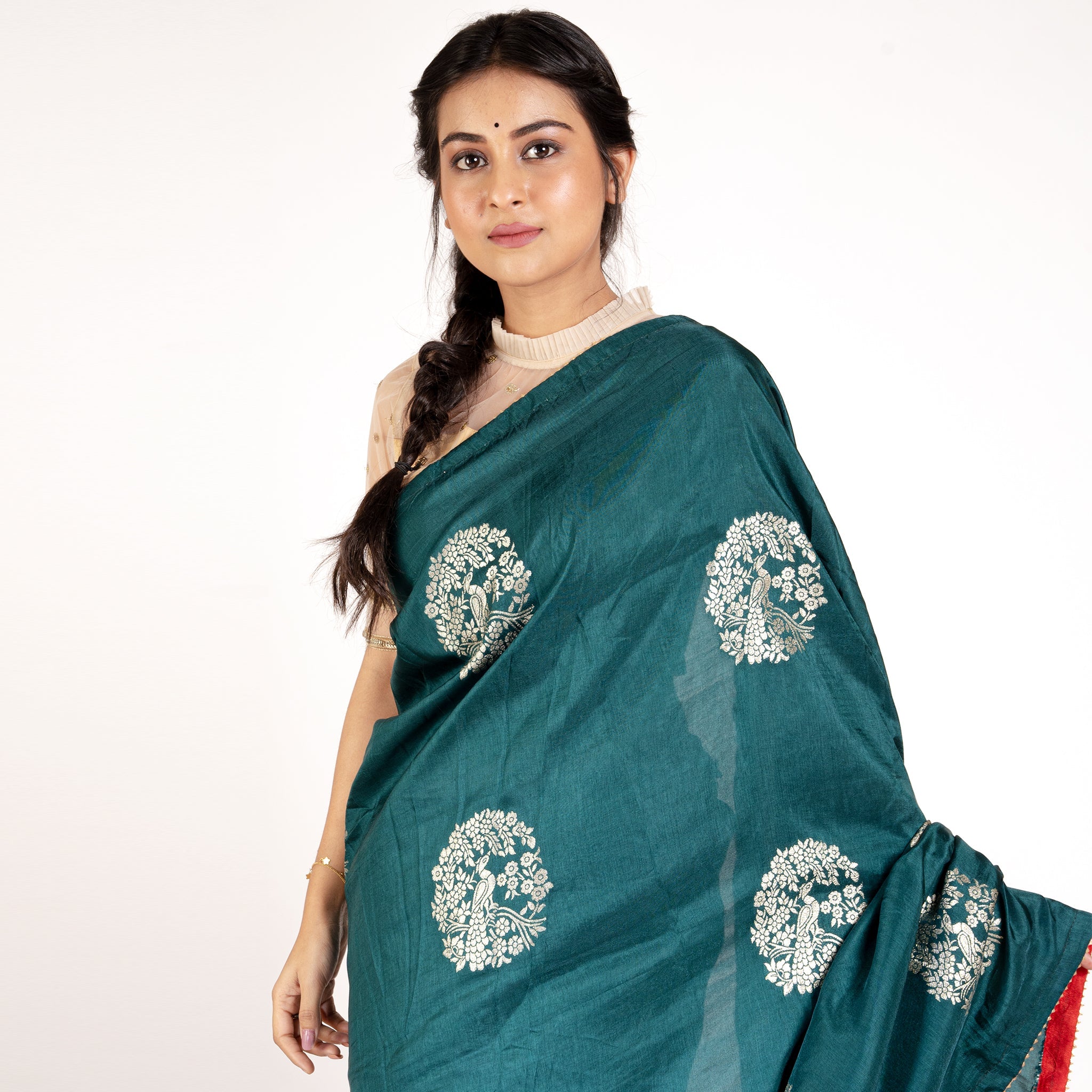 Women's Teal Dola Silk Saree With Woven Vriksh Zari Motifs And Contrasting Backing Border - Boveee