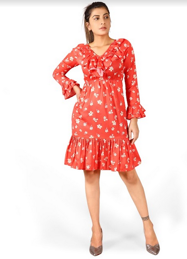 Women's Cherry Red Digital Printed Retro Short Tunic Dress - MESMORA FASHIONS