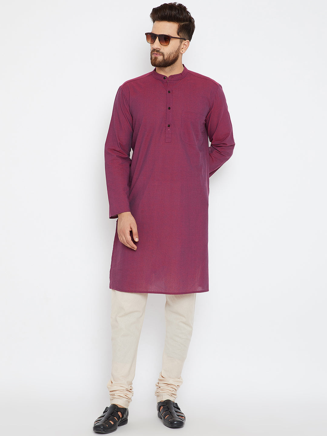 Men's Magenta Solid Cotton Kurta