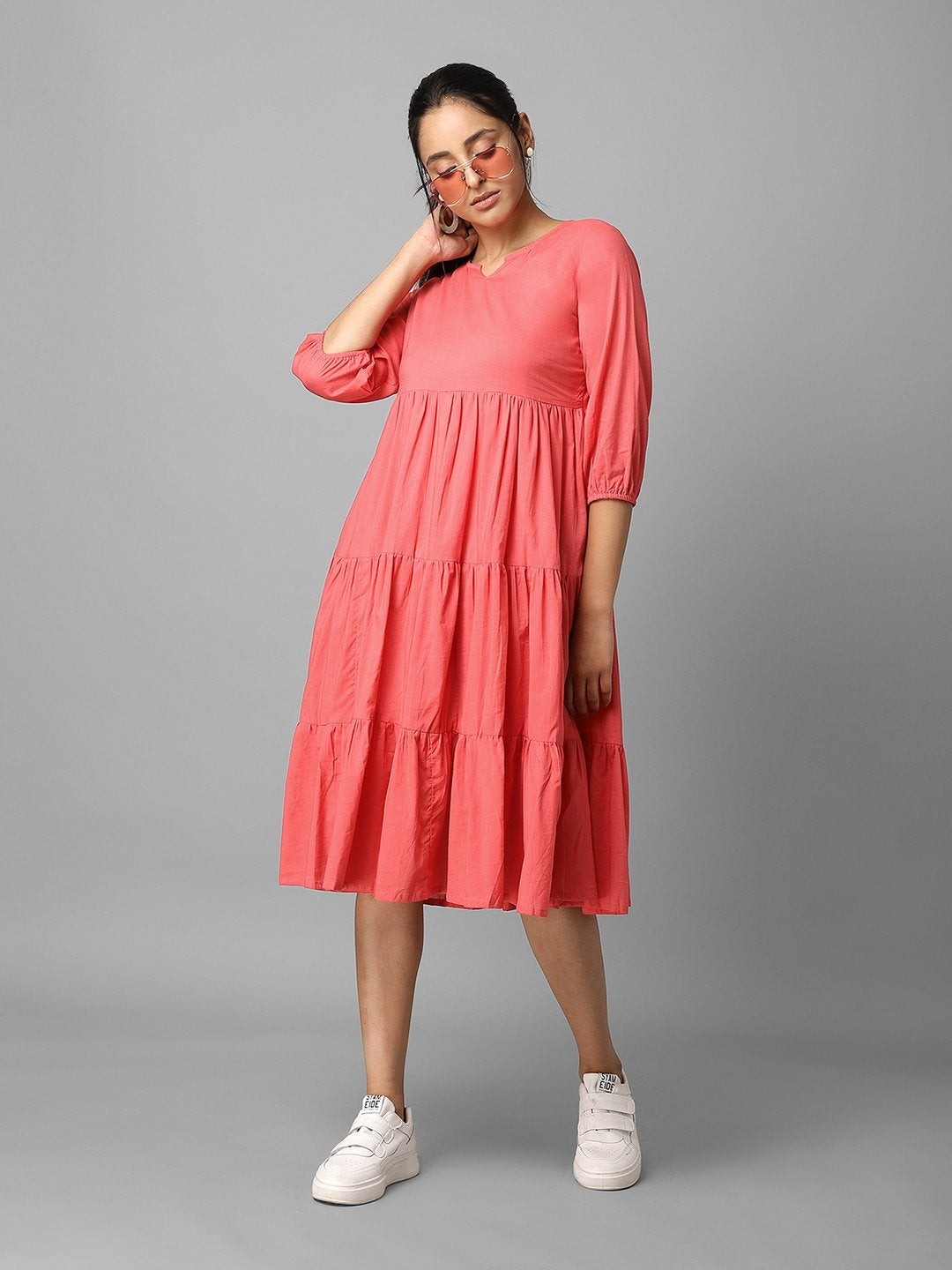 Women's Solid Pink Tiered A-Line Dress - Azira