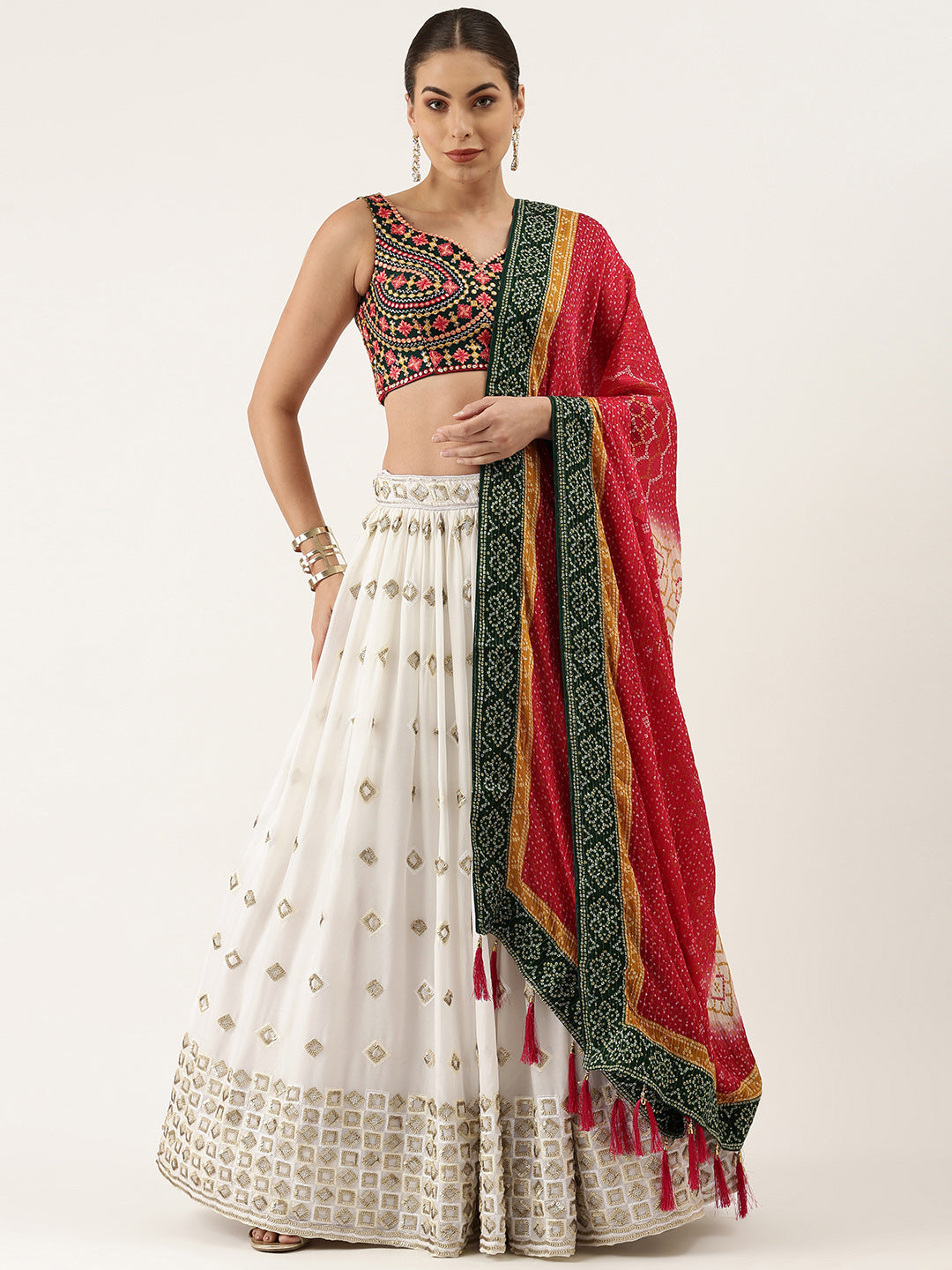 Women's White Pure Georgette Sequinse Work Fully Stitched Lehenga & Fully Stitched Blouse With Dupatta - Royal Dwells