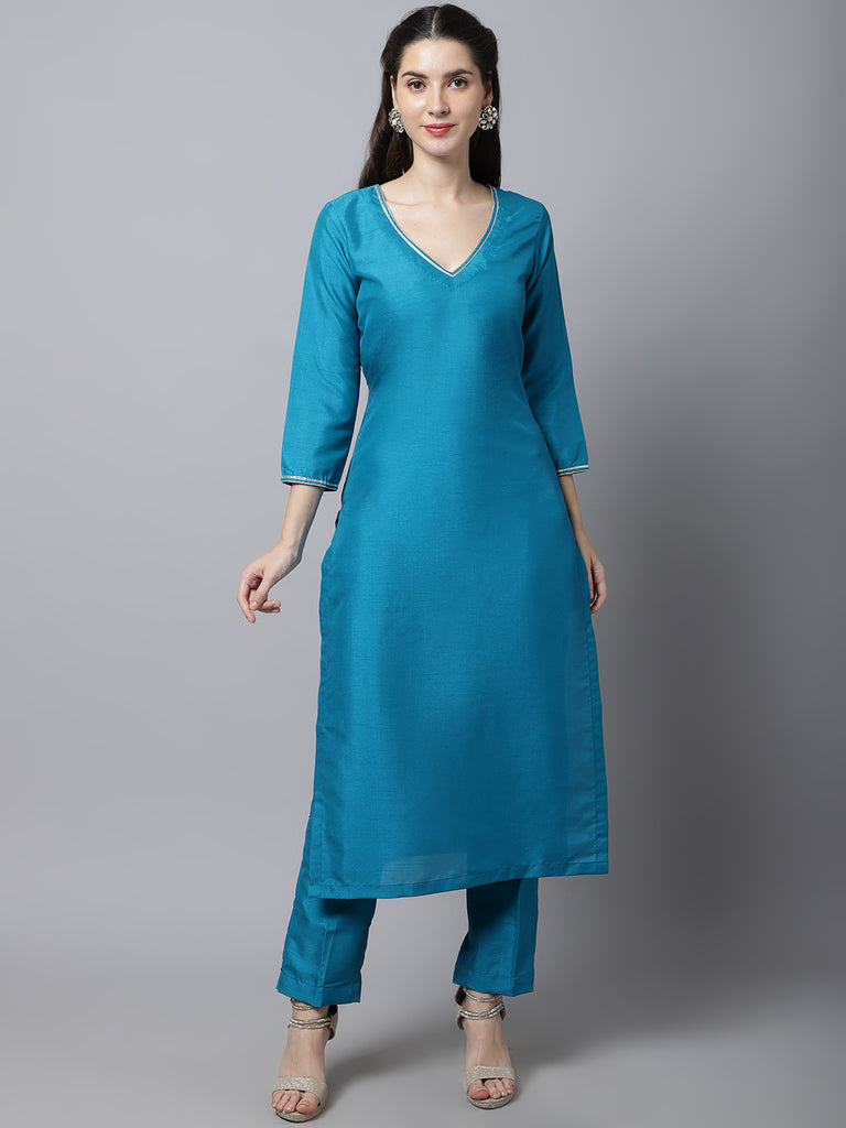 Women's Celeste Blue Silk Kurti With Straight Pants