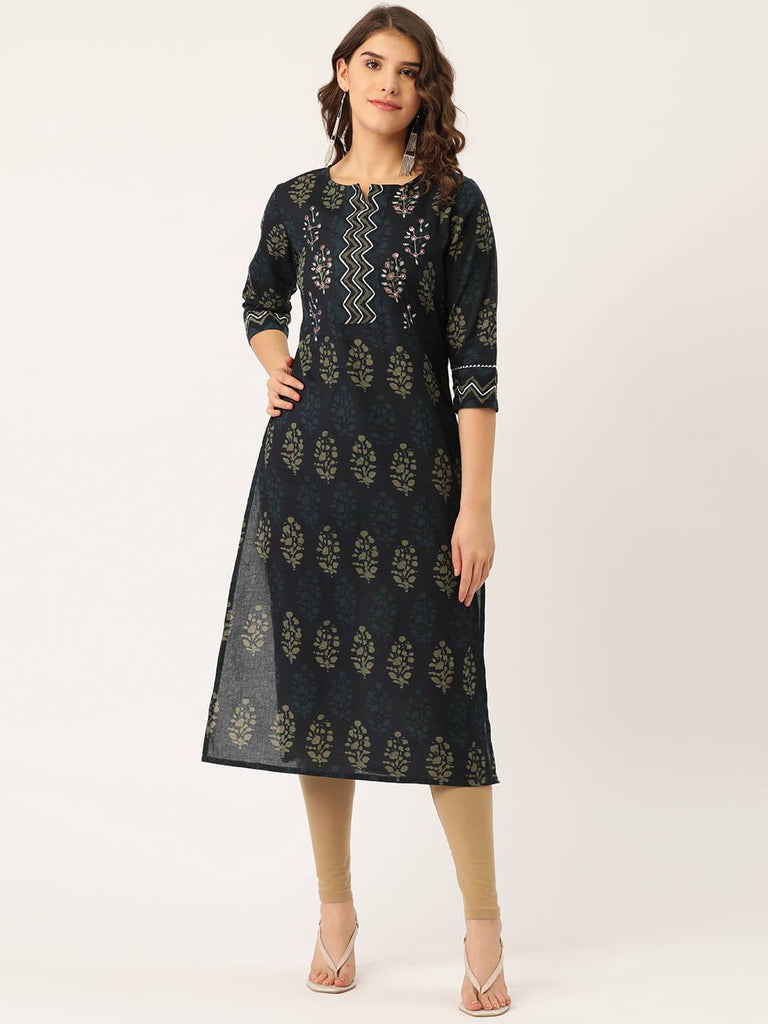 Women's Cotton Printed with Adda mirror work & Gotta detailing Kurta
