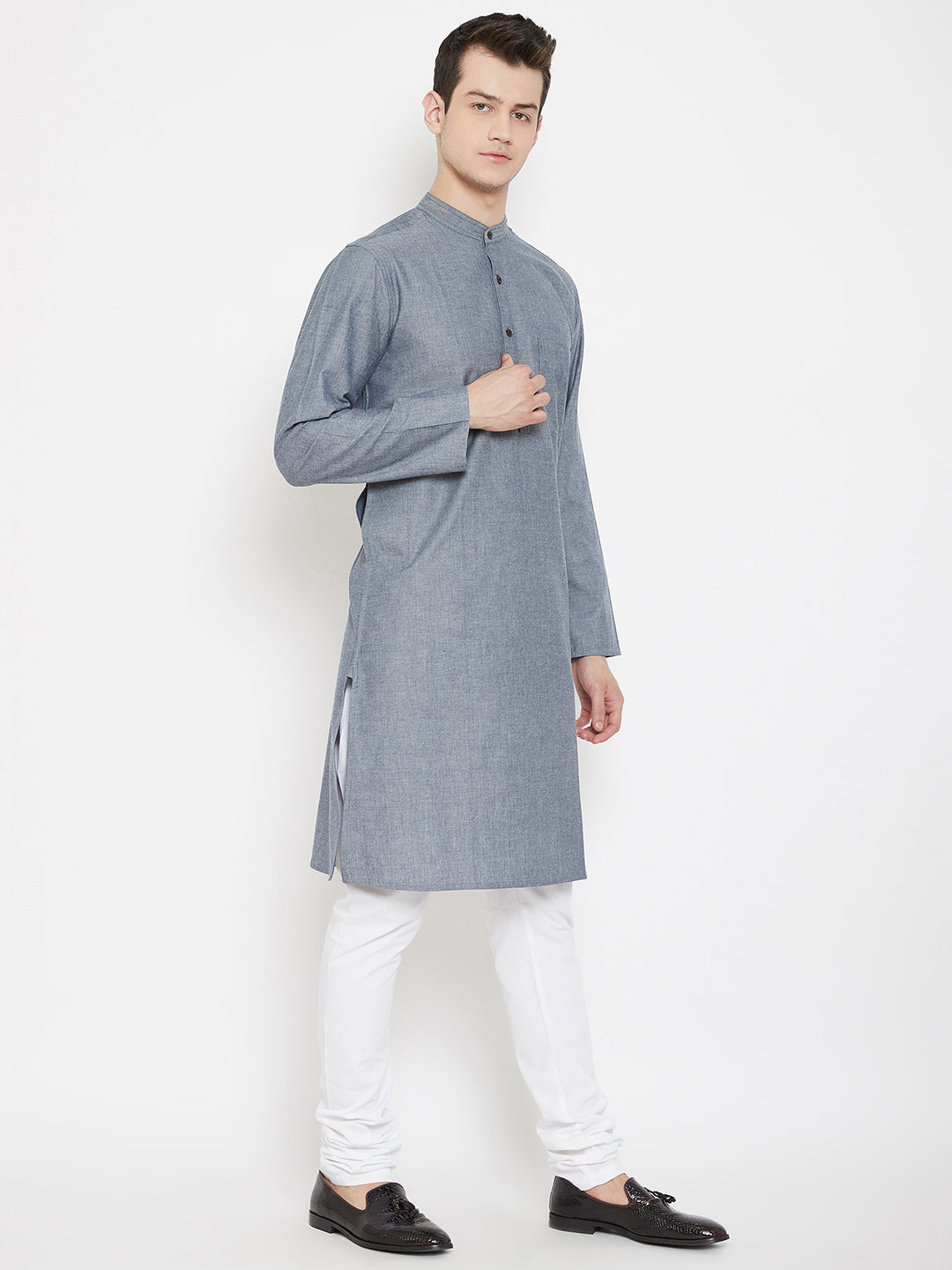 Men's Grey Woven Design Straight  Kurta - Even Apparels