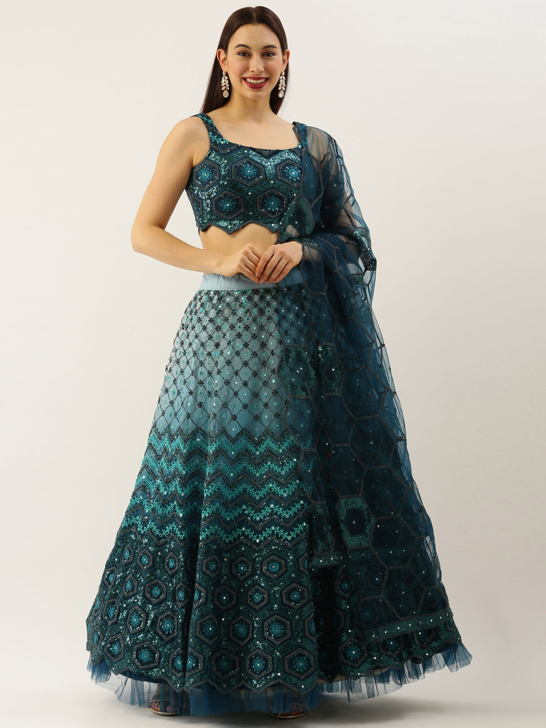 Women's Teal Net Embroidered Sequince Lehenga & Blouse With Dupatta - Royal Dwells