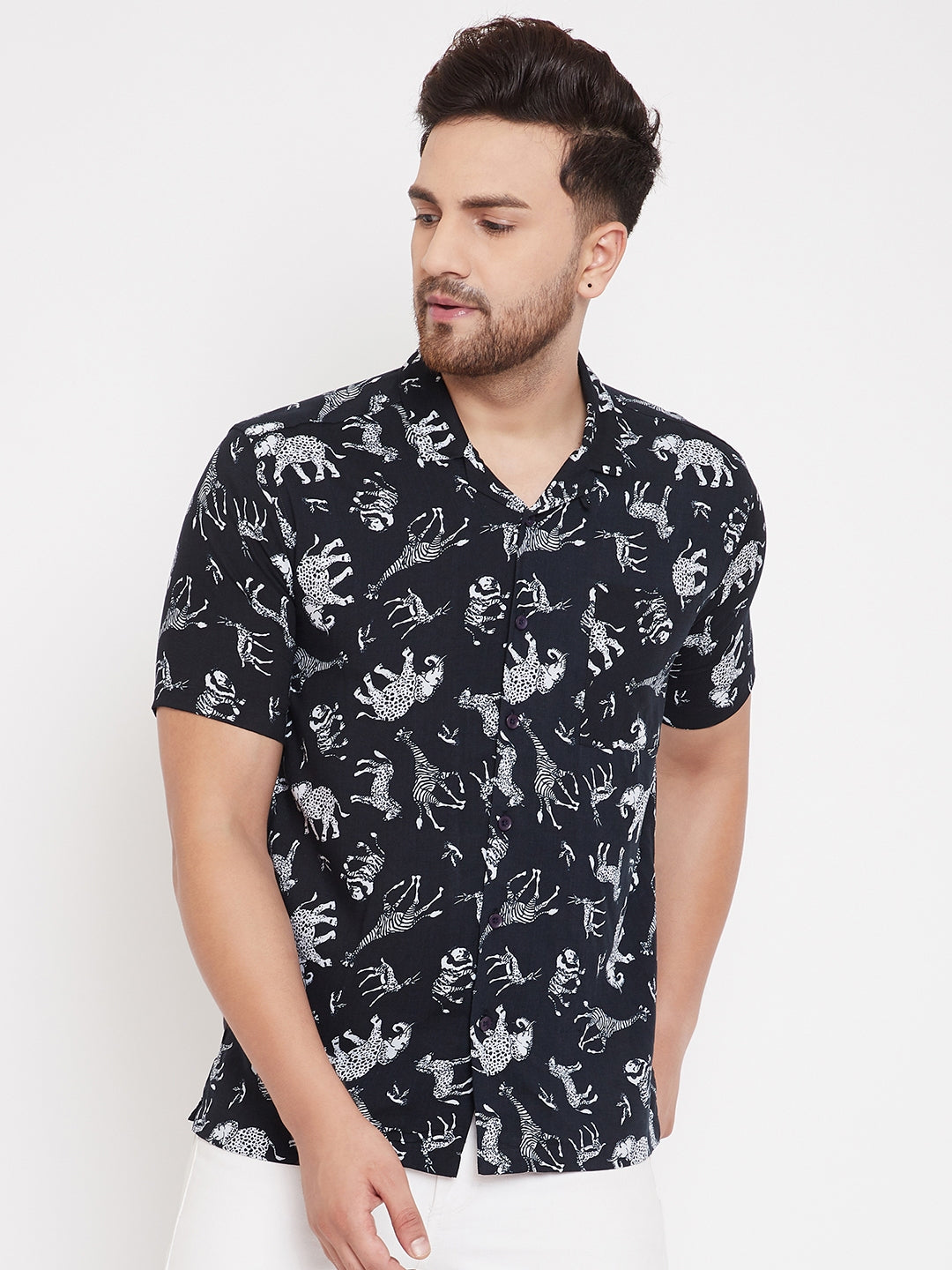 Men's Printed Black Cuban Collar Shirt