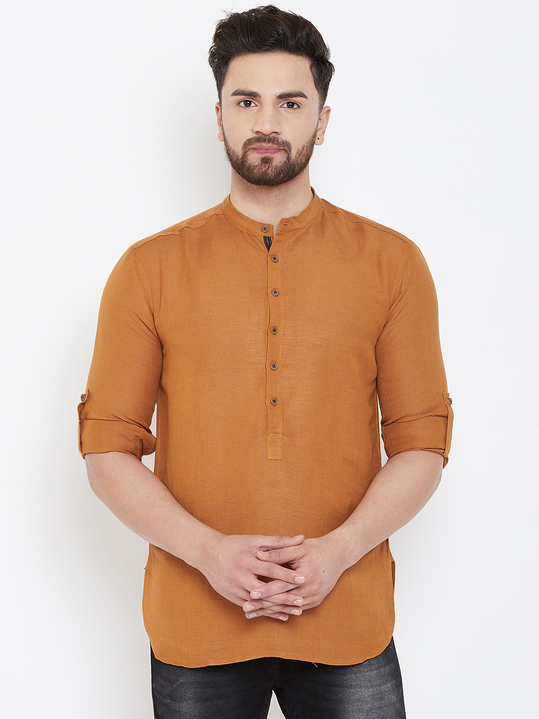 Men's Orange Linen Shirt Kurta - Even Apparels